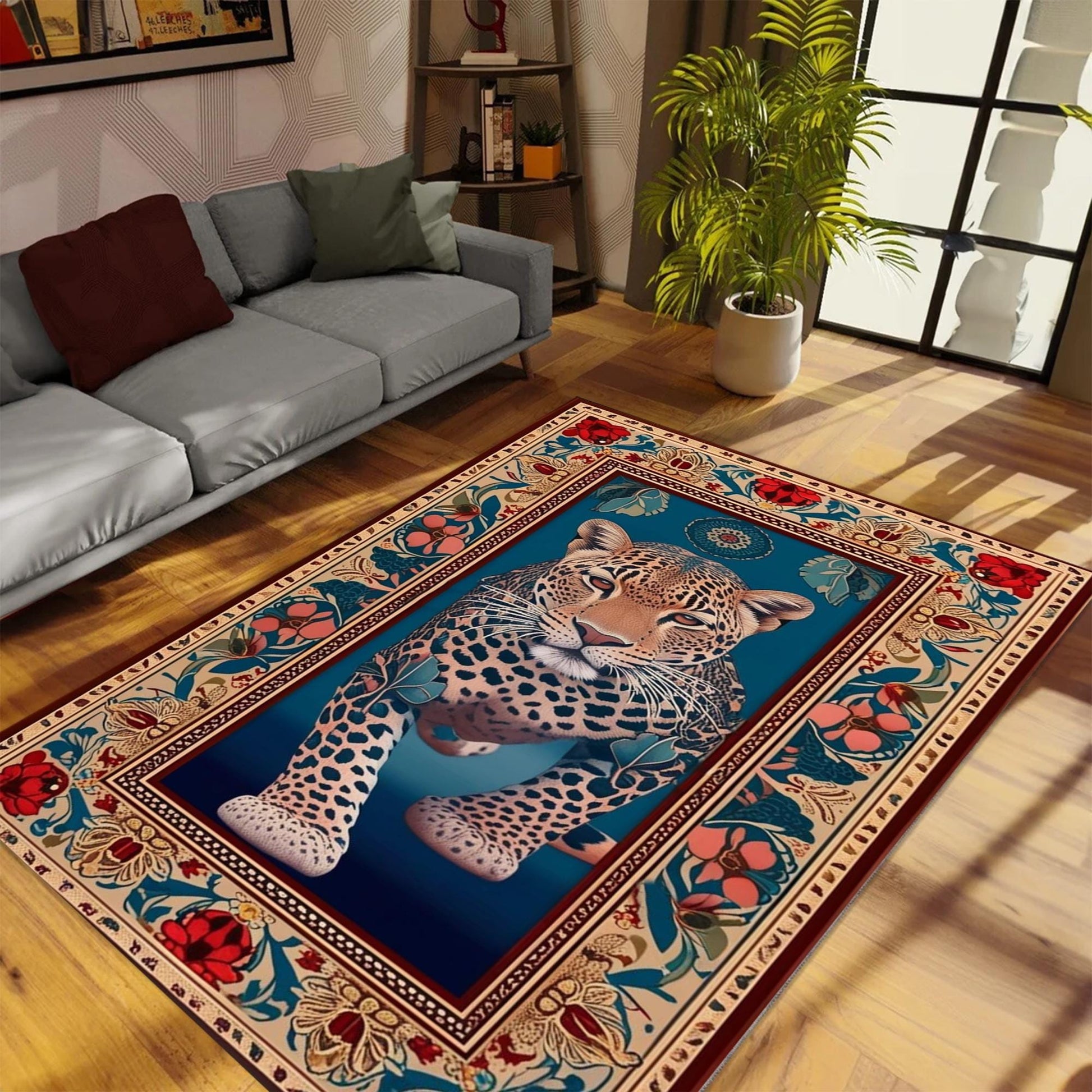 Traditional Leopard Rug, Colorful Painting Style Rustic Area Rug, Animal Print Home Decor, Unique Tribal Accent Carpet