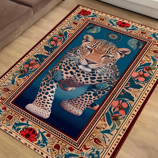 Traditional Leopard Rug, Colorful Painting Style Rustic Area Rug, Animal Print Home Decor, Unique Tribal Accent Carpet