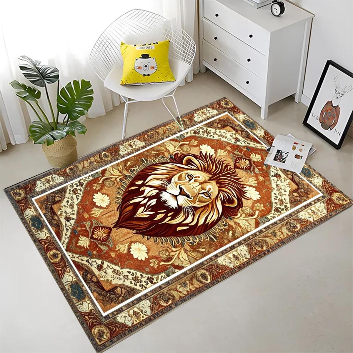 Vintage Lion Rug - Majestic Animal Area Rug for Living Room, Modern Vintage Style Lion Carpet, Popular Decorative Home Accent