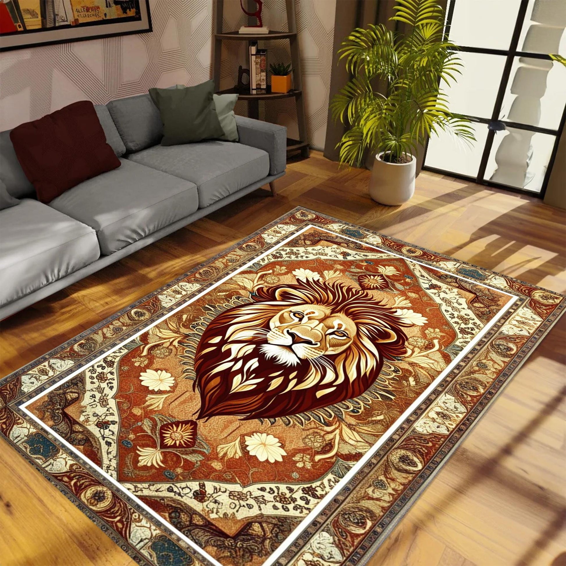 Vintage Lion Rug - Majestic Animal Area Rug for Living Room, Modern Vintage Style Lion Carpet, Popular Decorative Home Accent