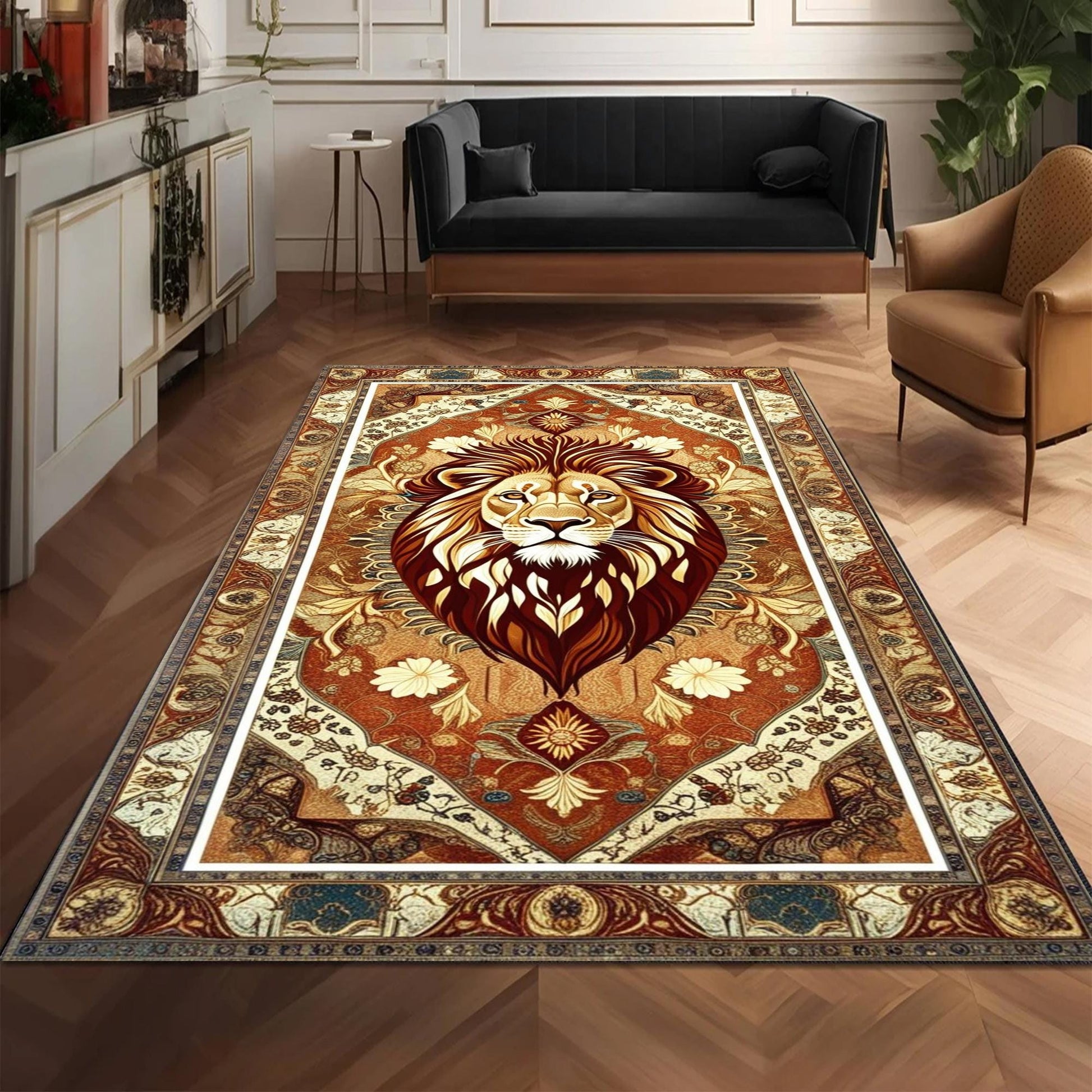 Vintage Lion Rug - Majestic Animal Area Rug for Living Room, Modern Vintage Style Lion Carpet, Popular Decorative Home Accent