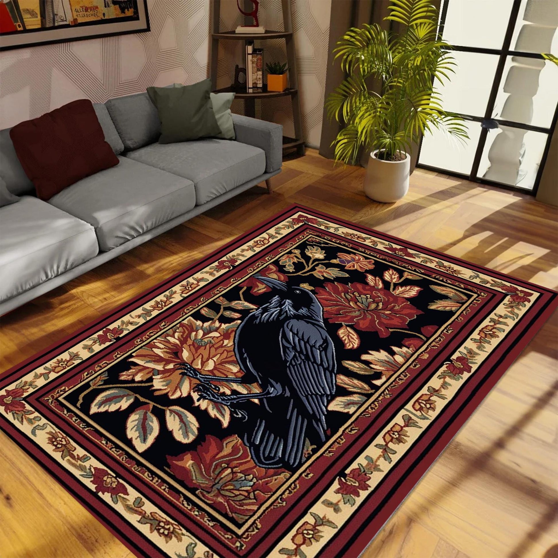 Whimsical Raven Rug Dark Brown Floral Boho Fairycore Decor | Cottagecore Crow Rug Woodland Gothic Crowcore Forestcore Aesthetic
