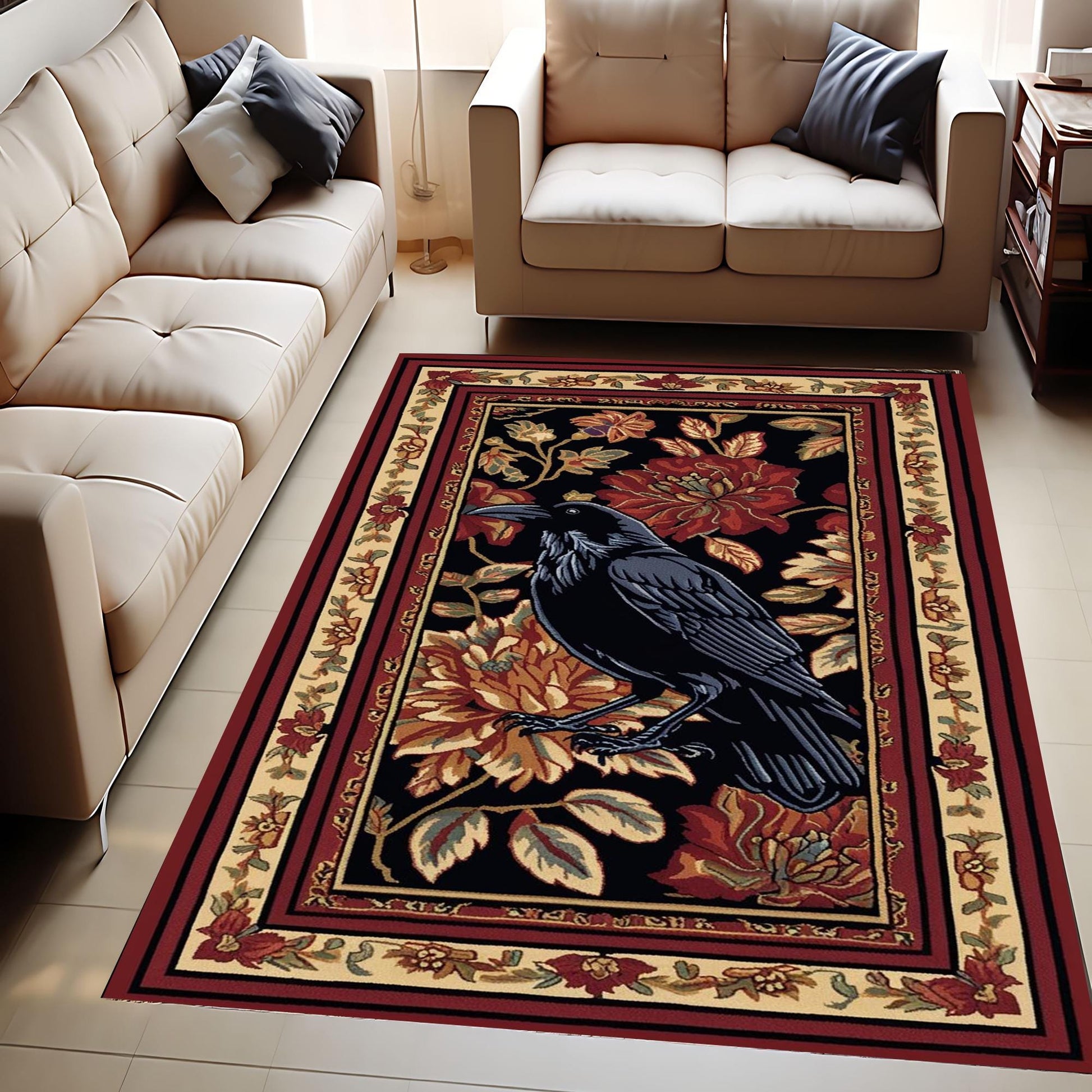 Whimsical Raven Rug Dark Brown Floral Boho Fairycore Decor | Cottagecore Crow Rug Woodland Gothic Crowcore Forestcore Aesthetic