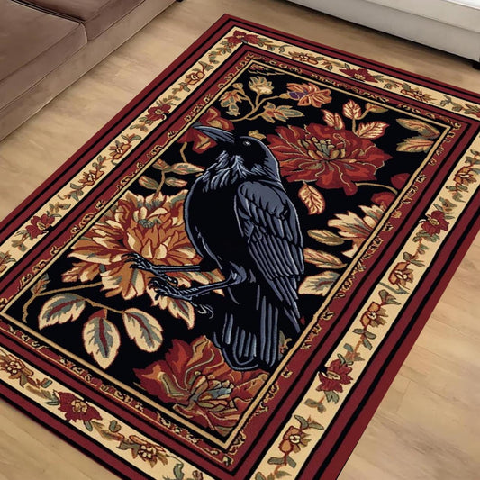 Whimsical Raven Rug Dark Brown Floral Boho Fairycore Decor | Cottagecore Crow Rug Woodland Gothic Crowcore Forestcore Aesthetic