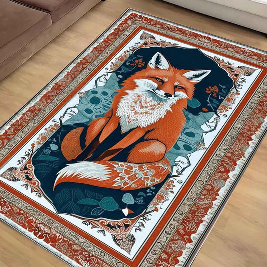 Rustic Fox Rug for Living Room - Whimsical Floral Animal Area Rug, Cute Orange Fox Decor Carpet, Vintage Kids Room Decorative Rug