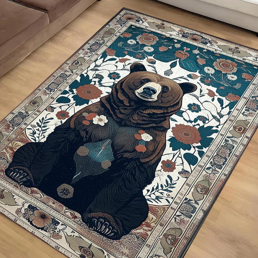Bear Face Rug with Floral Frame, Vintage Dark Animal Area Rug for Rustic Lodge, Woodland Mountain Decor, Enchanted Grizzly Botanical Accent