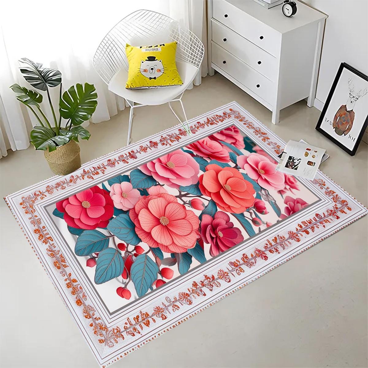 Romantic Floral Area Rug Soft Pink Botanical Carpet Shabby Chic Bedroom & Living Room Accent Mat Cottagecore Aesthetic Gift