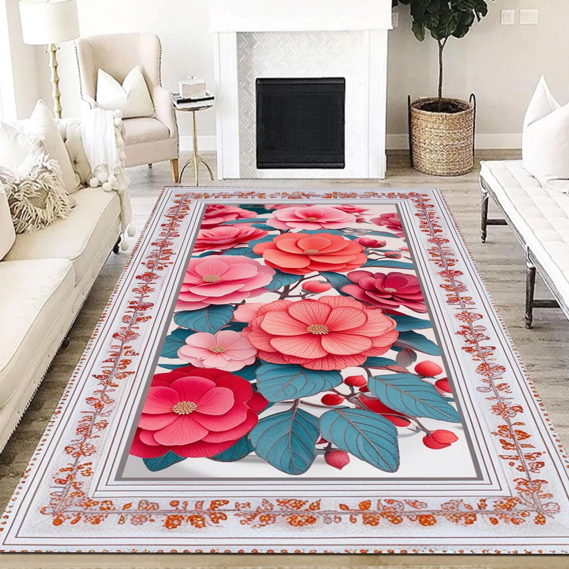 Romantic Floral Area Rug Soft Pink Botanical Carpet Shabby Chic Bedroom & Living Room Accent Mat Cottagecore Aesthetic Gift