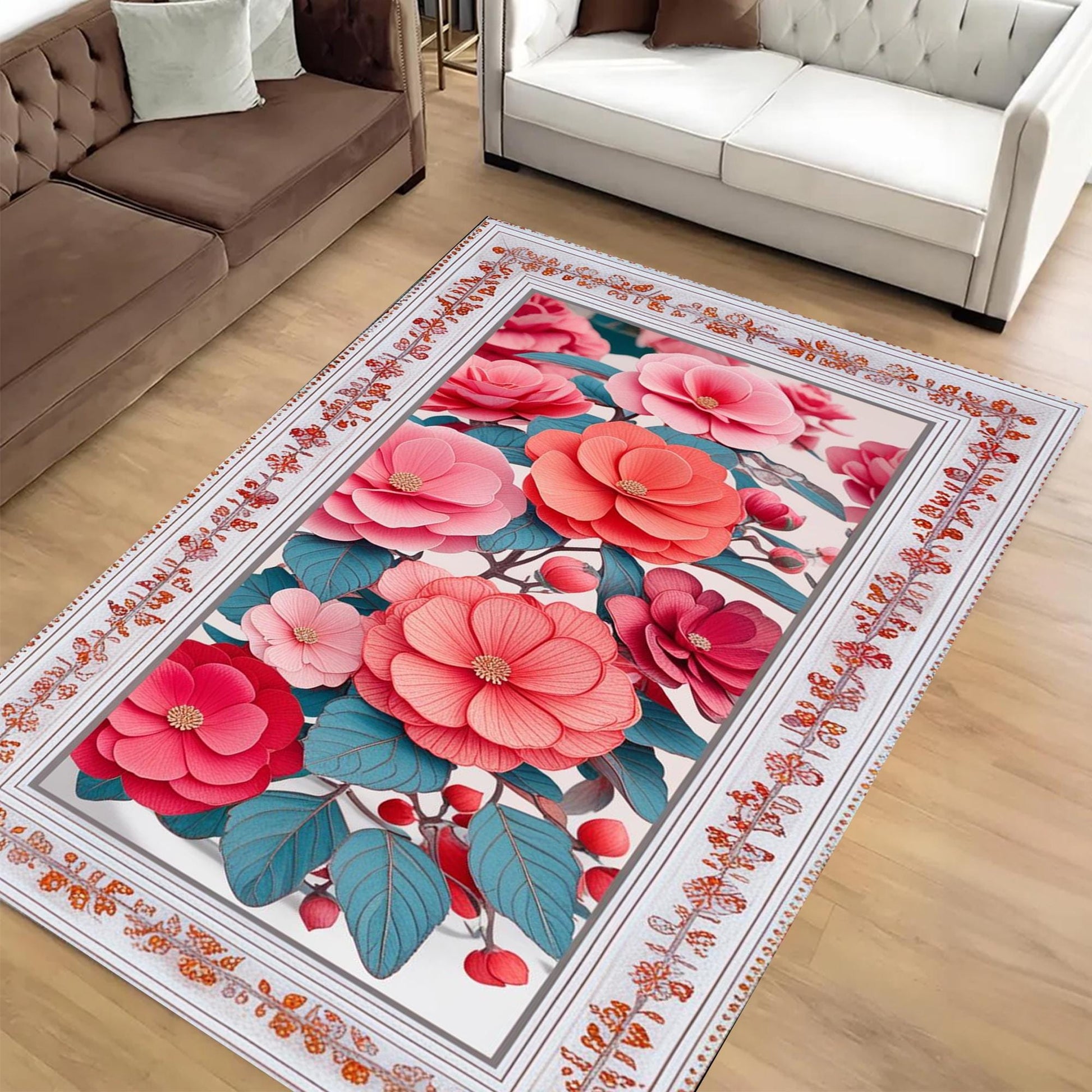 Romantic Floral Area Rug Soft Pink Botanical Carpet Shabby Chic Bedroom & Living Room Accent Mat Cottagecore Aesthetic Gift