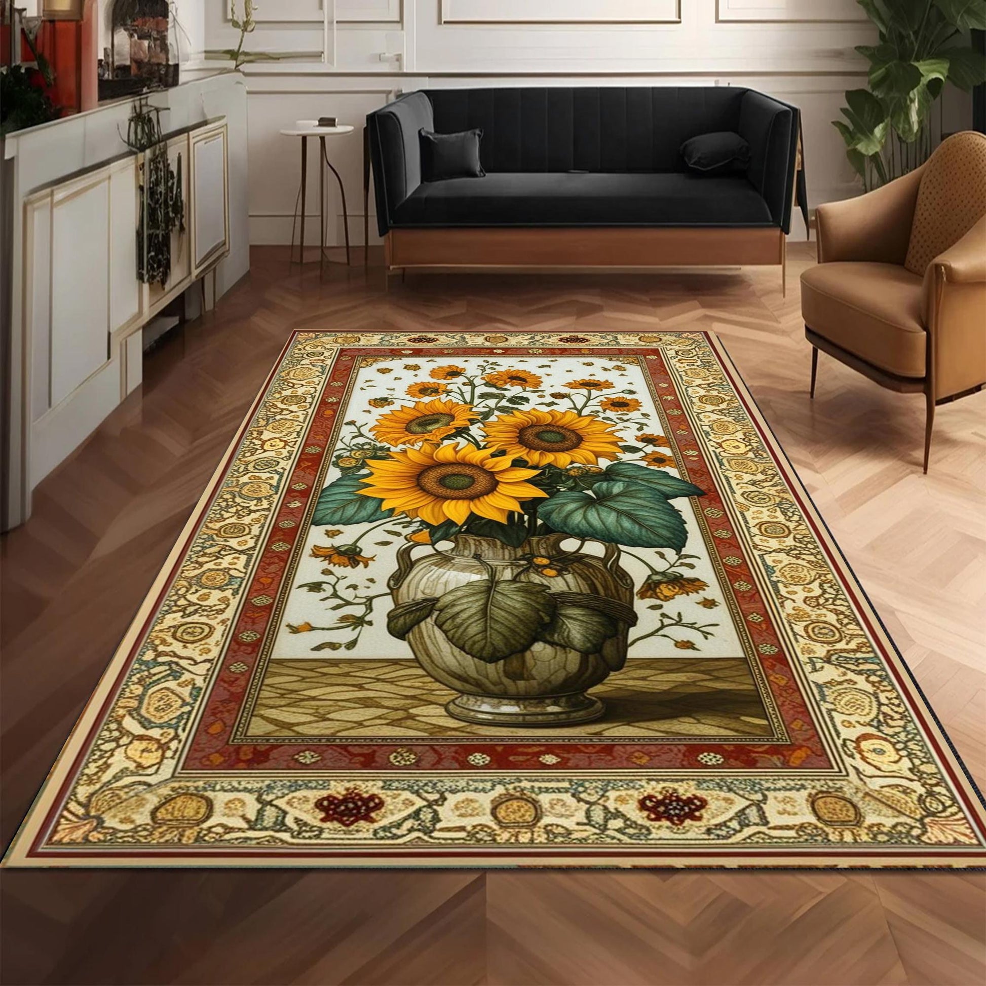 Sunflower Area Rug for Living Room & Bedroom, Traditional Rustic Colorful Flowers Rug, Painting Style Floral Decor Kitchen Mat