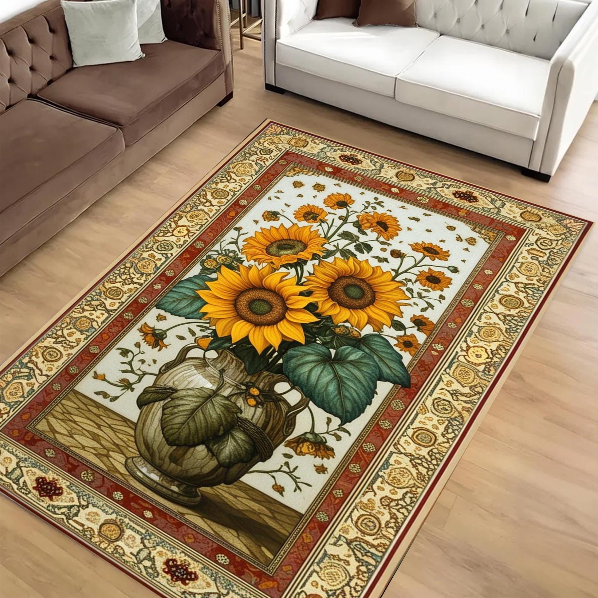 Sunflower Area Rug for Living Room & Bedroom, Traditional Rustic Colorful Flowers Rug, Painting Style Floral Decor Kitchen Mat