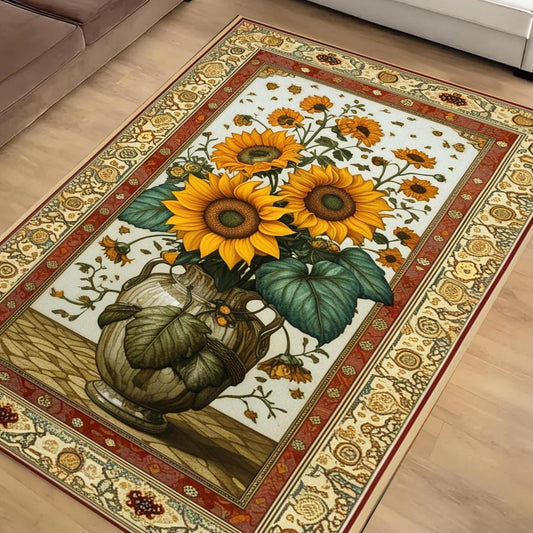 Sunflower Area Rug for Living Room & Bedroom, Traditional Rustic Colorful Flowers Rug, Painting Style Floral Decor Kitchen Mat