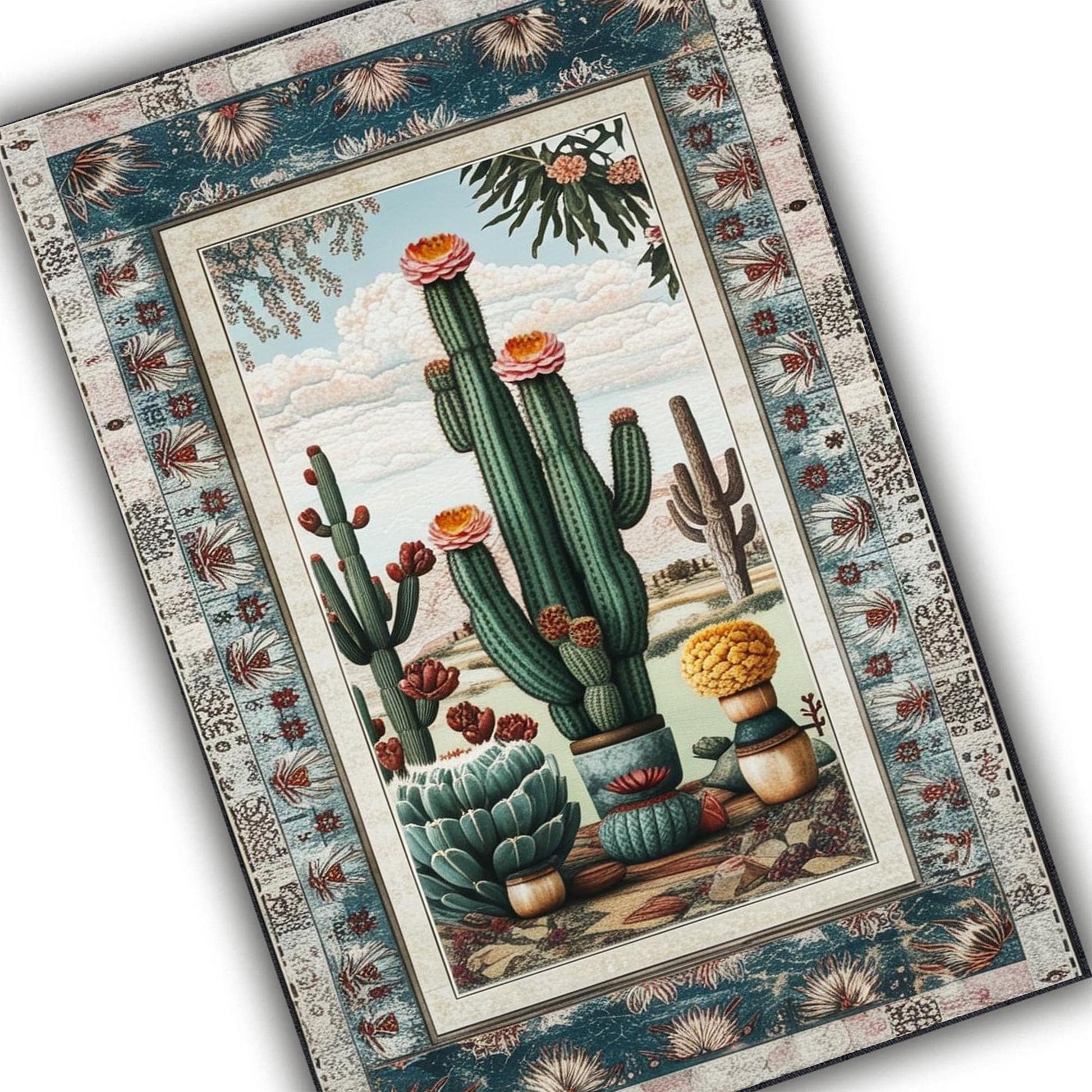 Southwestern Cactus Rug Boho Washable Plant Rug for Living Room & Entryway, Western Decor, Texas Maximalist Botanical Accent
