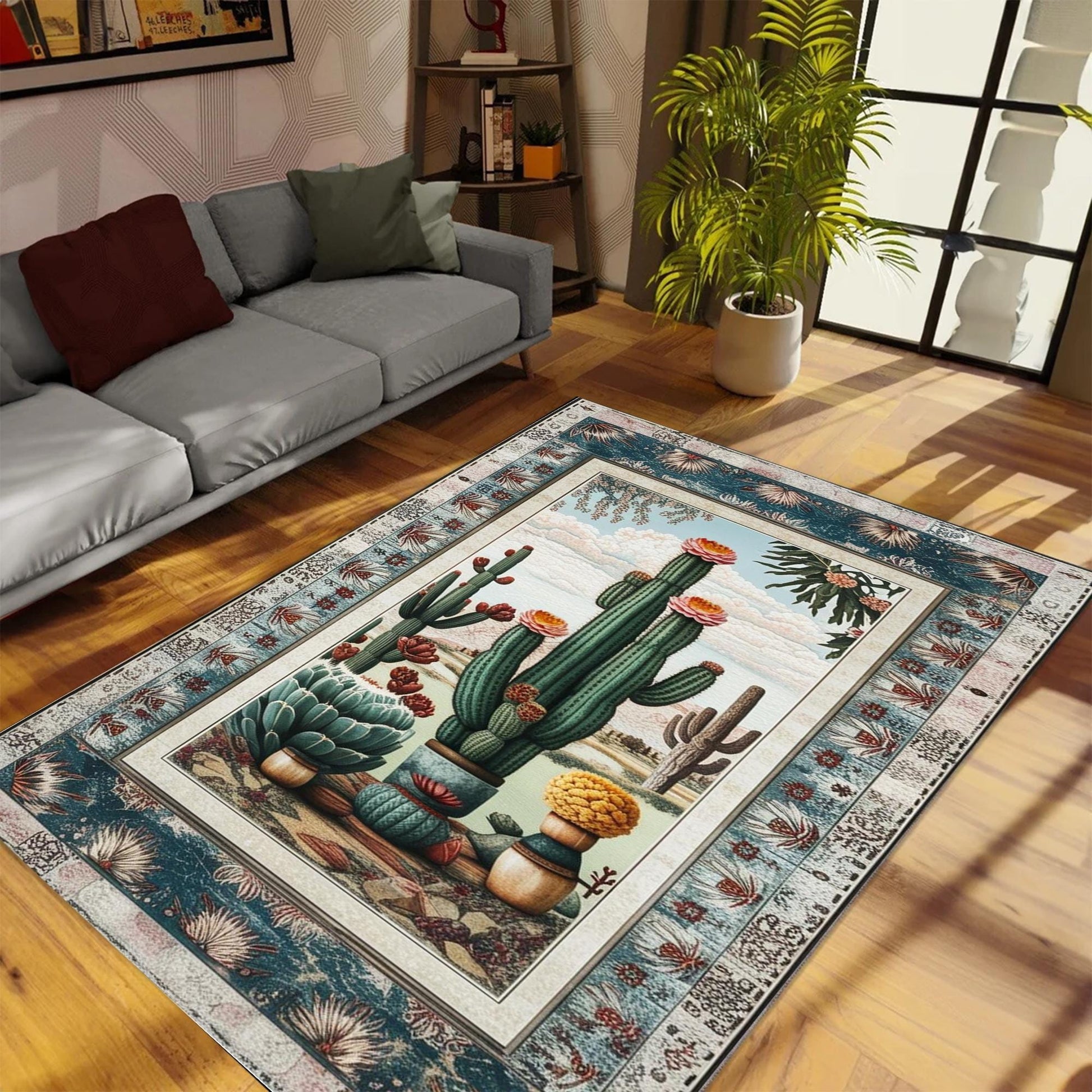 Southwestern Cactus Rug Boho Washable Plant Rug for Living Room & Entryway, Western Decor, Texas Maximalist Botanical Accent
