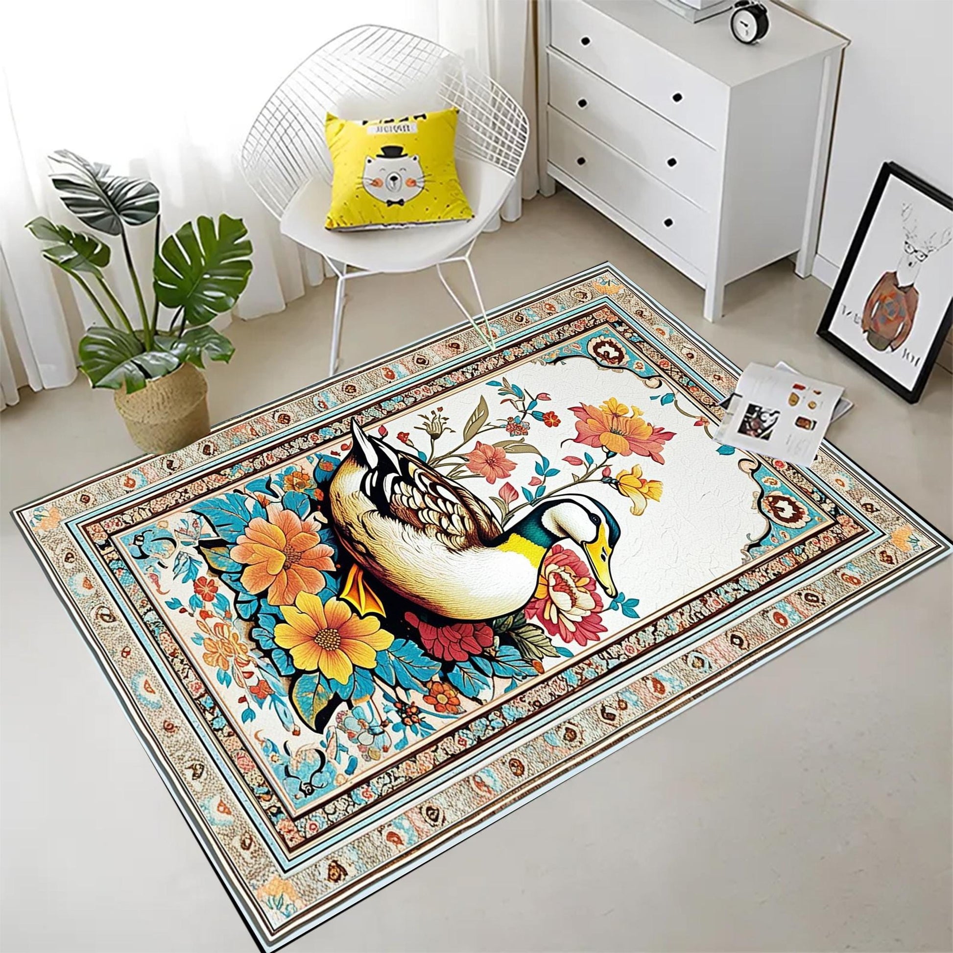 Vintage Duck Rug with Ornate Floral Frame, Rustic Farmhouse Animal Carpet for Cabin, Hunting Lodge & Nature Decor Floor Accent