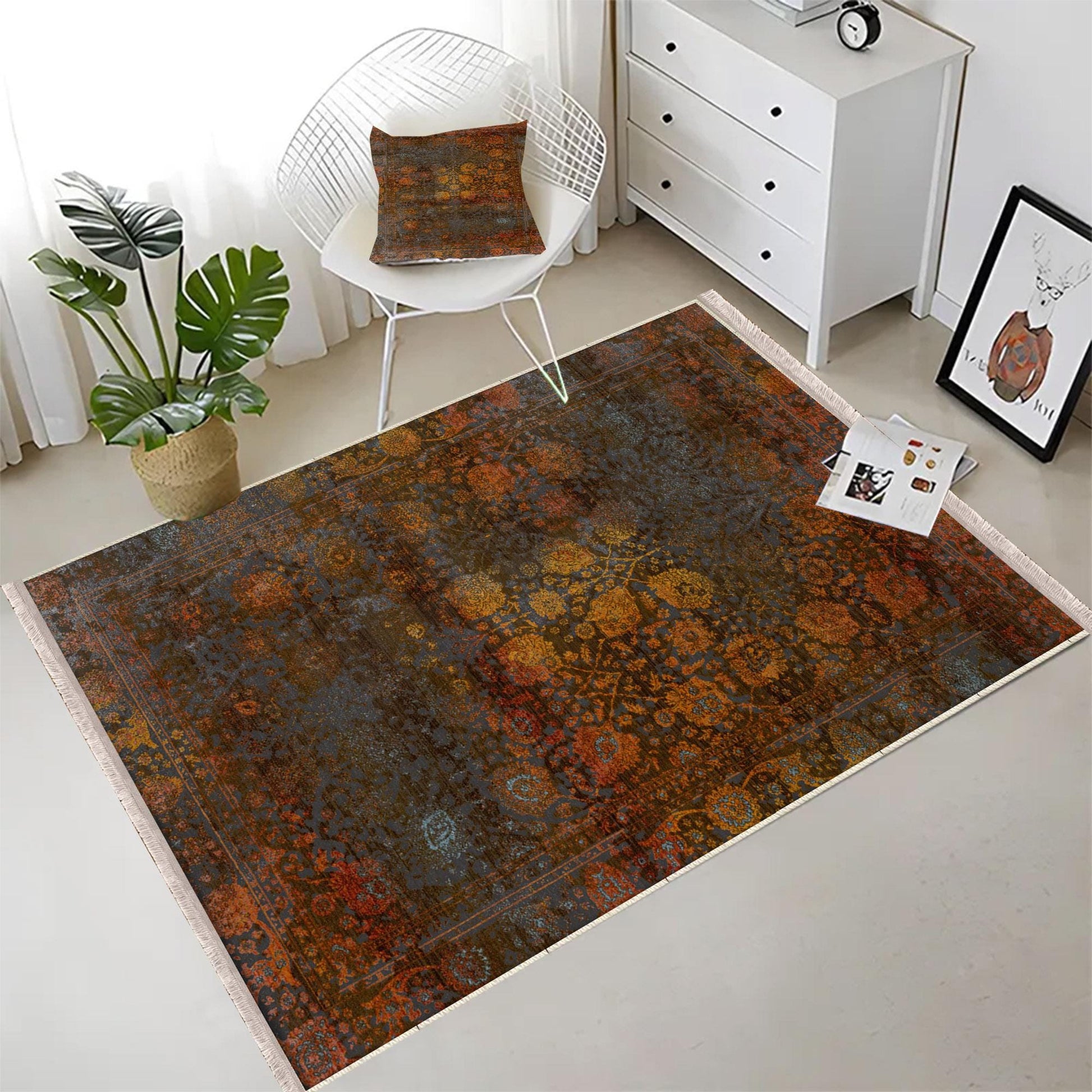 Authentic Ethnic Retro Persian Non-Slip Turkish Kilim Area Rug, Washable Living Room Rugs with pillow case gift, Housewarming Gift