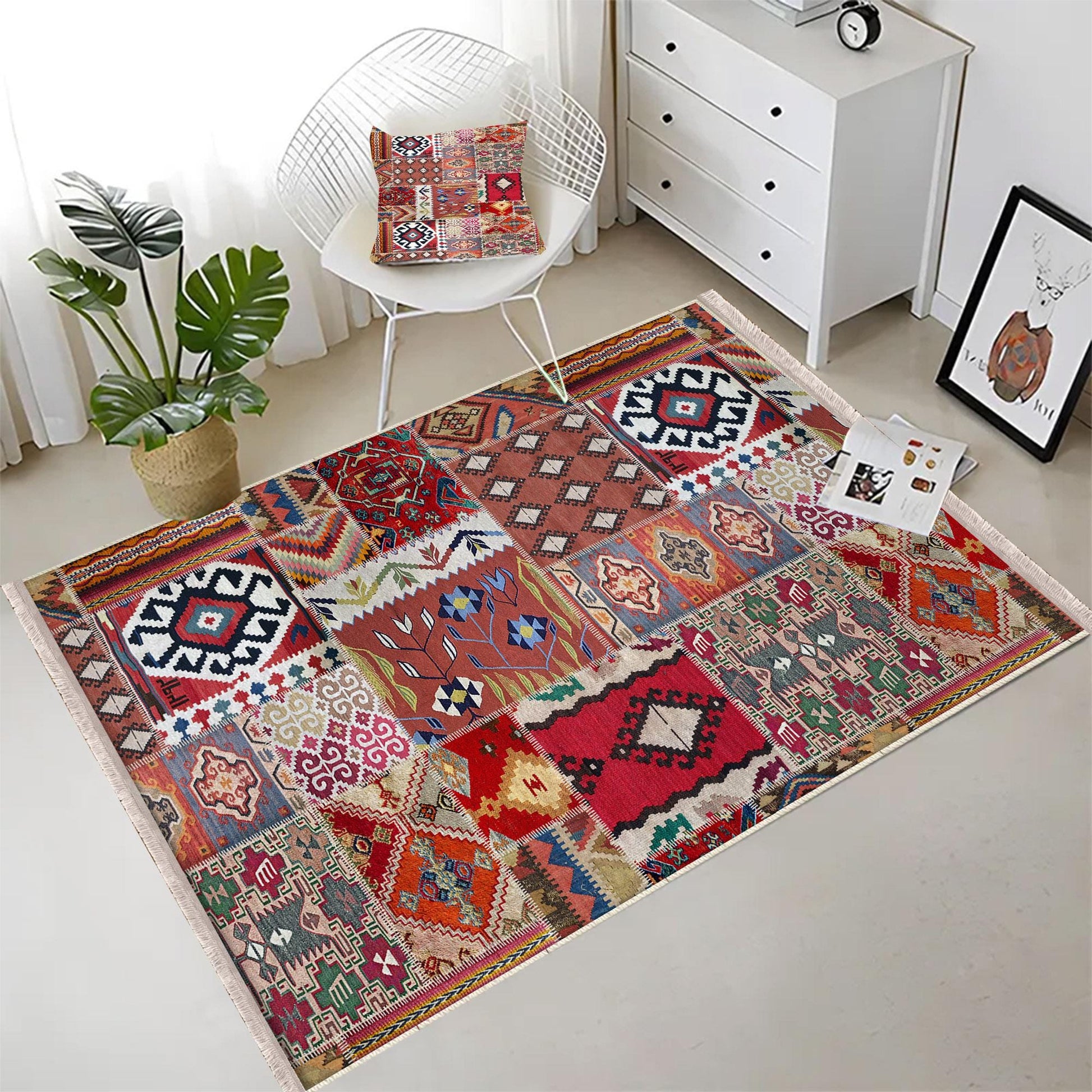 Authentic Ethnic Retro Persian Non-Slip Turkish Kilim Area Rug, Washable Living Room Rugs with pillow case gift, Housewarming Gift