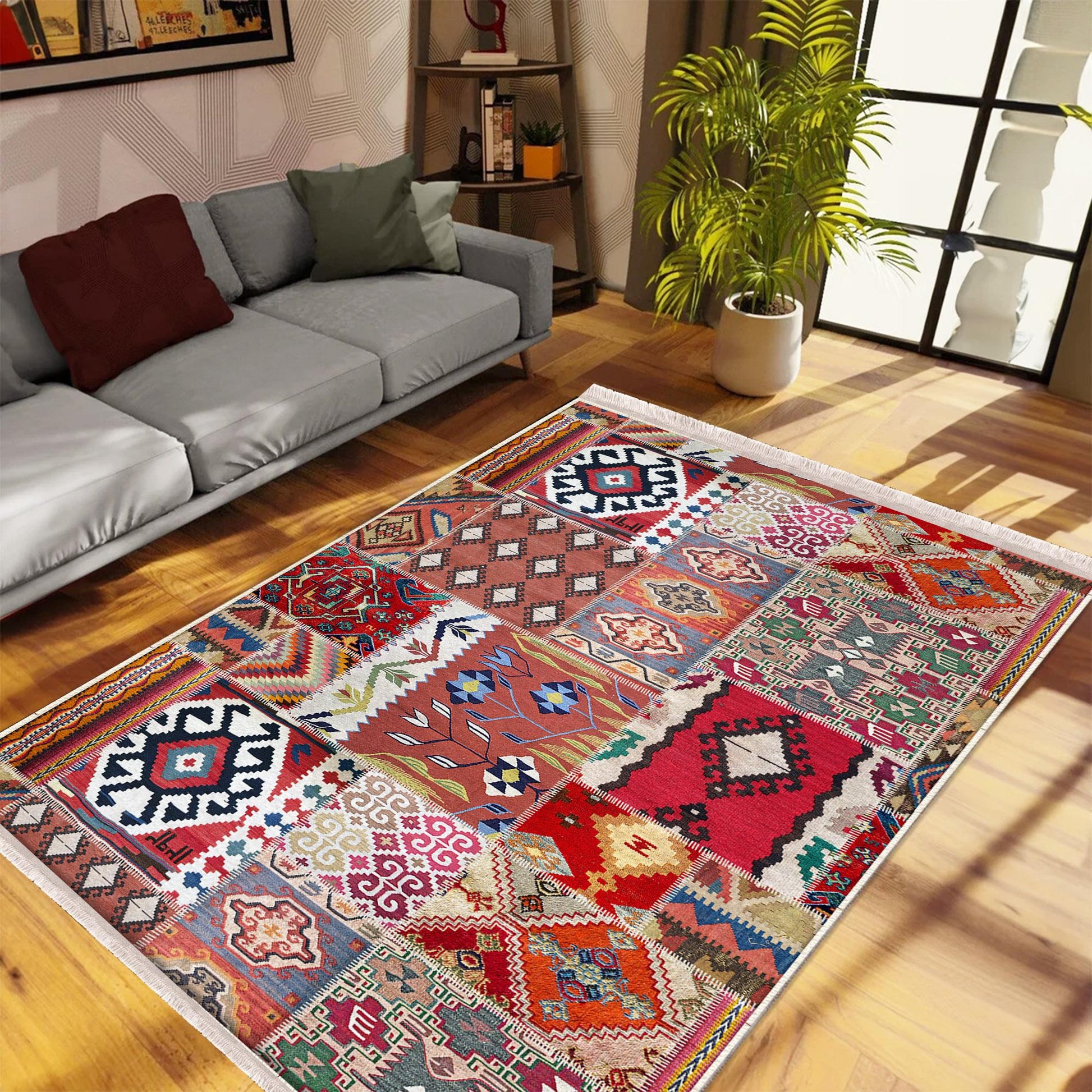 Authentic Ethnic Retro Persian Non-Slip Turkish Kilim Area Rug, Washable Living Room Rugs with pillow case gift, Housewarming Gift