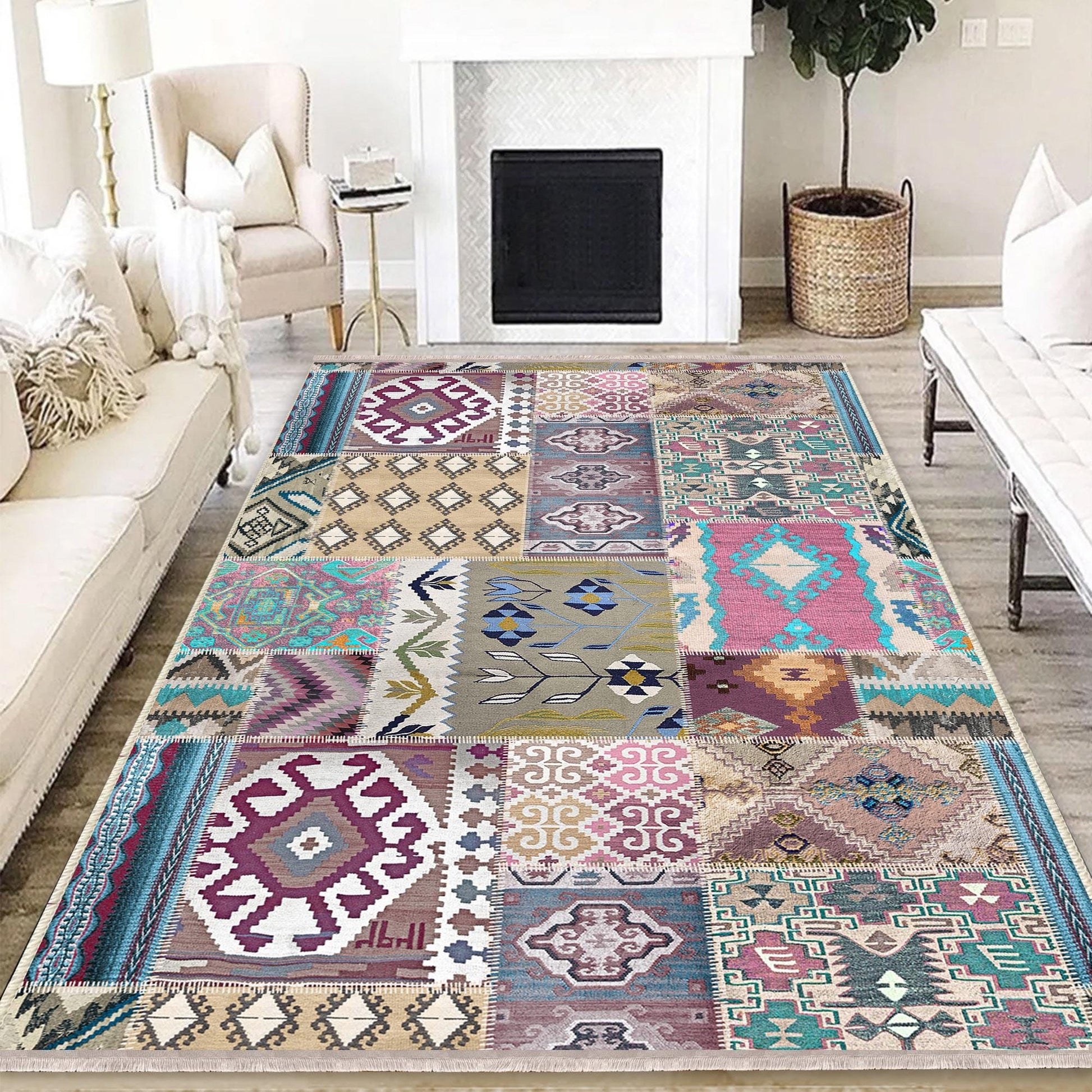 Authentic Ethnic Retro Persian Non-Slip Turkish Kilim Area Rug, Washable Living Room Rugs with pillow case gift, Housewarming Gift