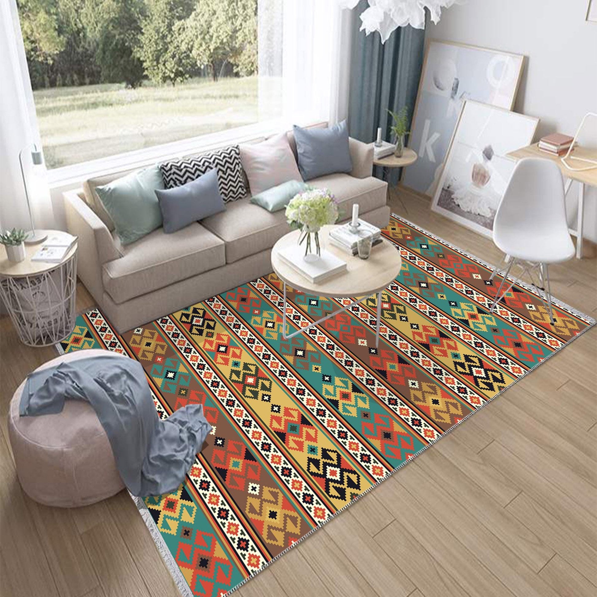 Aztec Ethnic Retro Persian Anatolian Turkish Kilim Area Rug, Washable Non Slip Living Room Rugs with pillow case gift, Housewarming Gift
