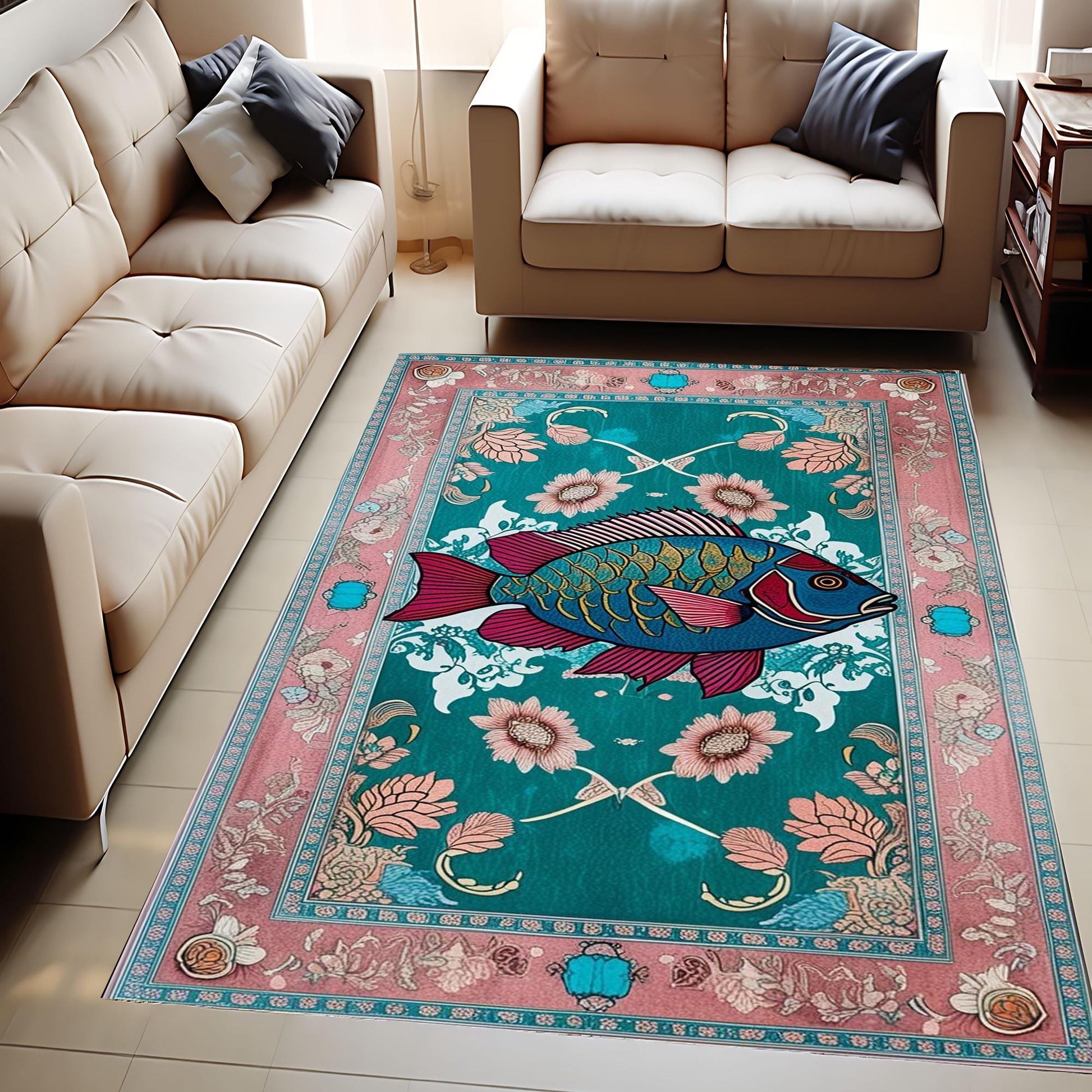 Dark Academia Fish Area Rug | Vintage Coastal Nautical Beach Cottagecore Marine Decor Rustic Kitchen Accent Carpet, Chenille Washable Rug