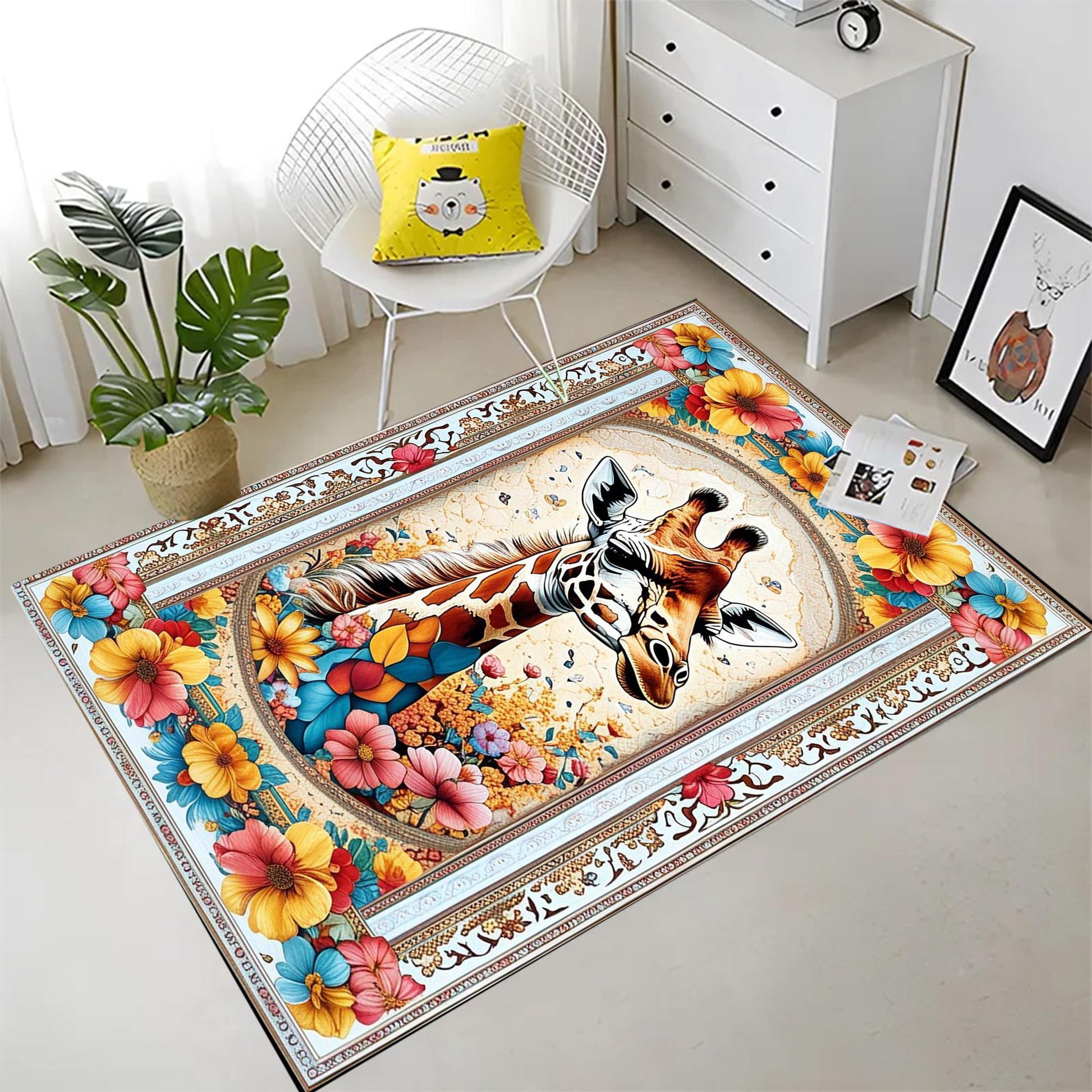 Giraffe Rug for Kids Room, Colorful Jungle Animal Decor, Chenille Washable Non-Slip Floor & Kitchen Rug, Tropical Safari Style Carpet