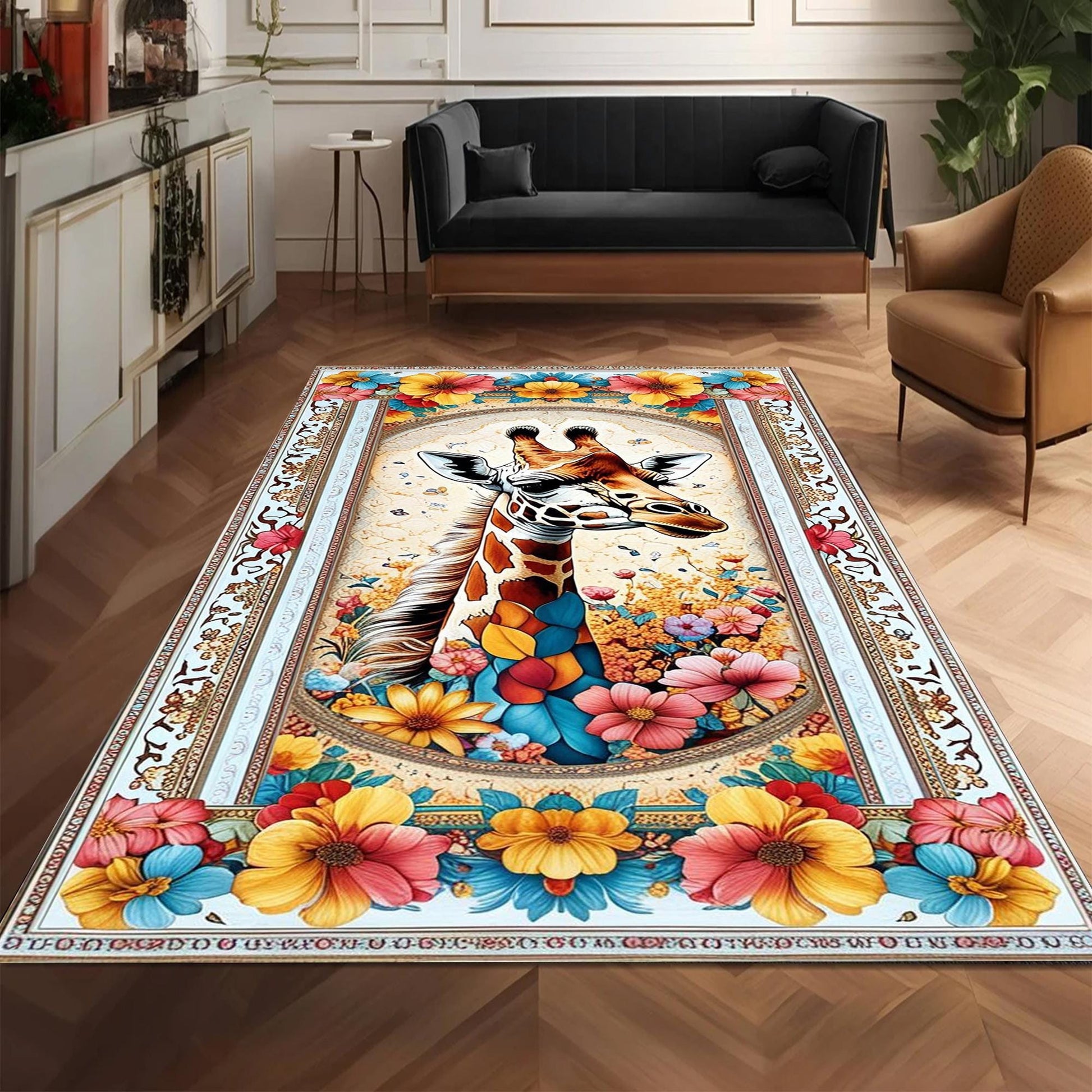 Giraffe Rug for Kids Room, Colorful Jungle Animal Decor, Chenille Washable Non-Slip Floor & Kitchen Rug, Tropical Safari Style Carpet