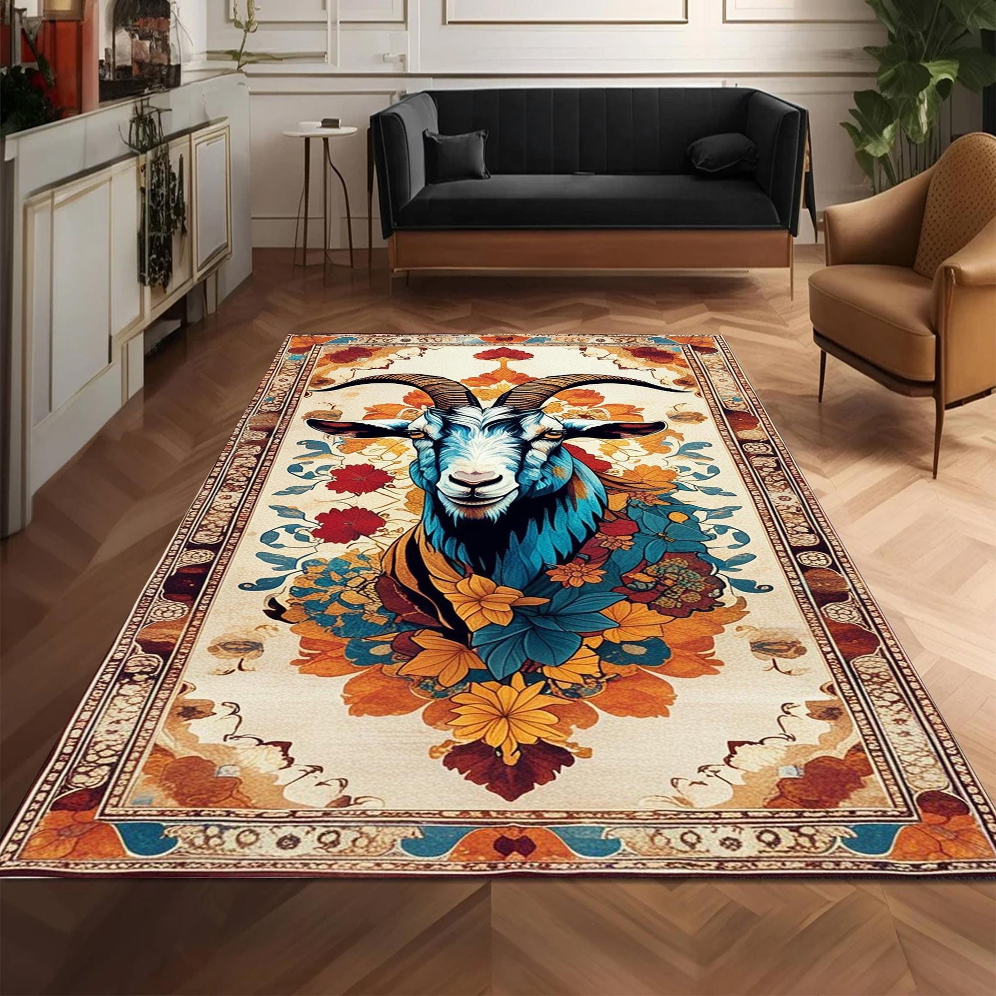 Goat Rug for Kids Room, Colorful Farm Animal Decor, Chenille Washable Non-Slip Rug, Kids Rug with Floral Persian Border, Farmhouse Style
