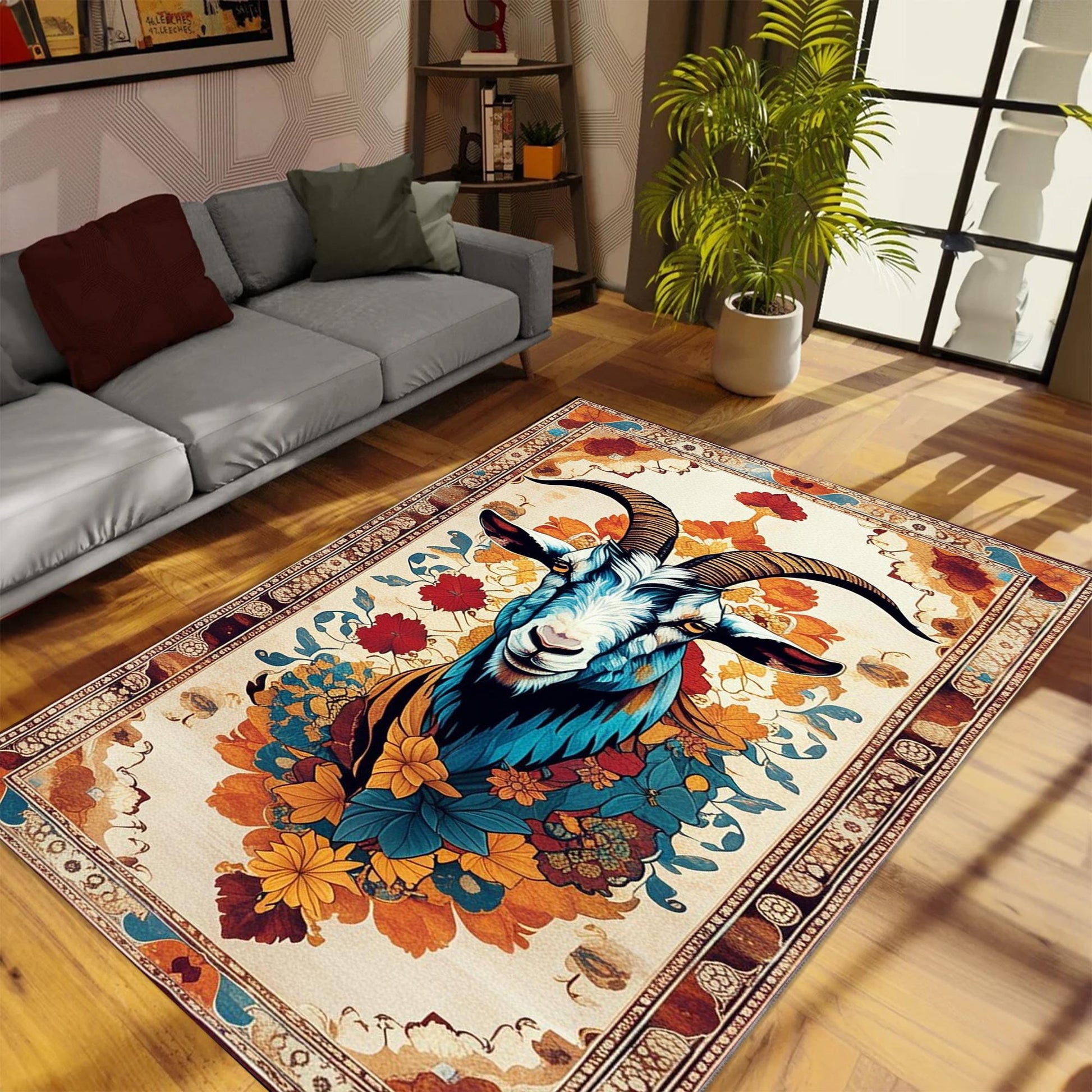 Goat Rug for Kids Room, Colorful Farm Animal Decor, Chenille Washable Non-Slip Rug, Kids Rug with Floral Persian Border, Farmhouse Style