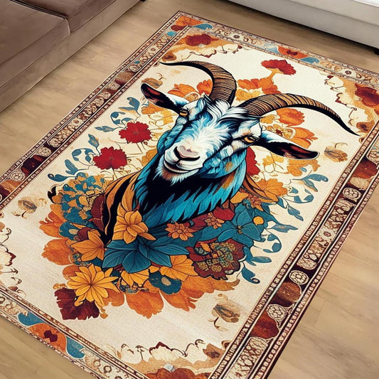 Goat Rug for Kids Room, Colorful Farm Animal Decor, Chenille Washable Non-Slip Rug, Kids Rug with Floral Persian Border, Farmhouse Style