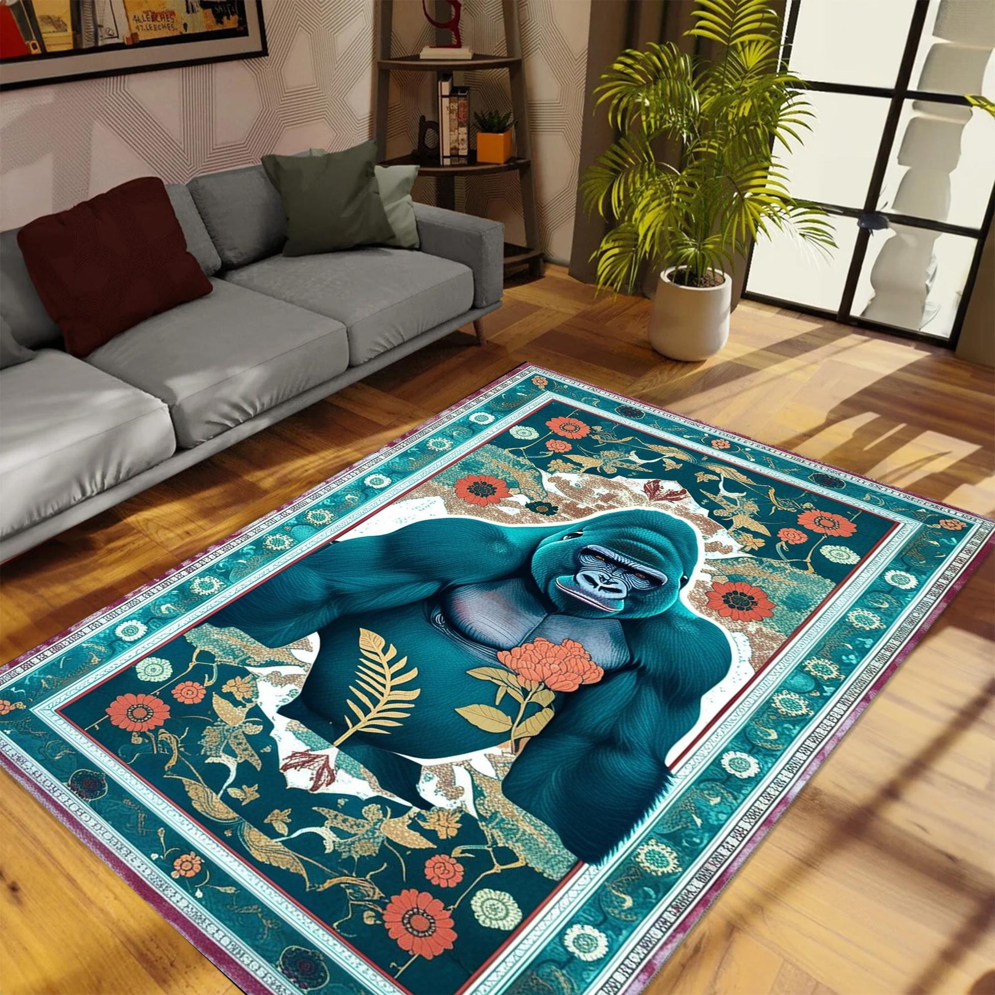 Gorilla Rug for Kids Room - Jungle Animal Decor, Washable Non-Slip Floor Mat, Tropical Green Floral Rug for Playroom, Chenille Washable Rug