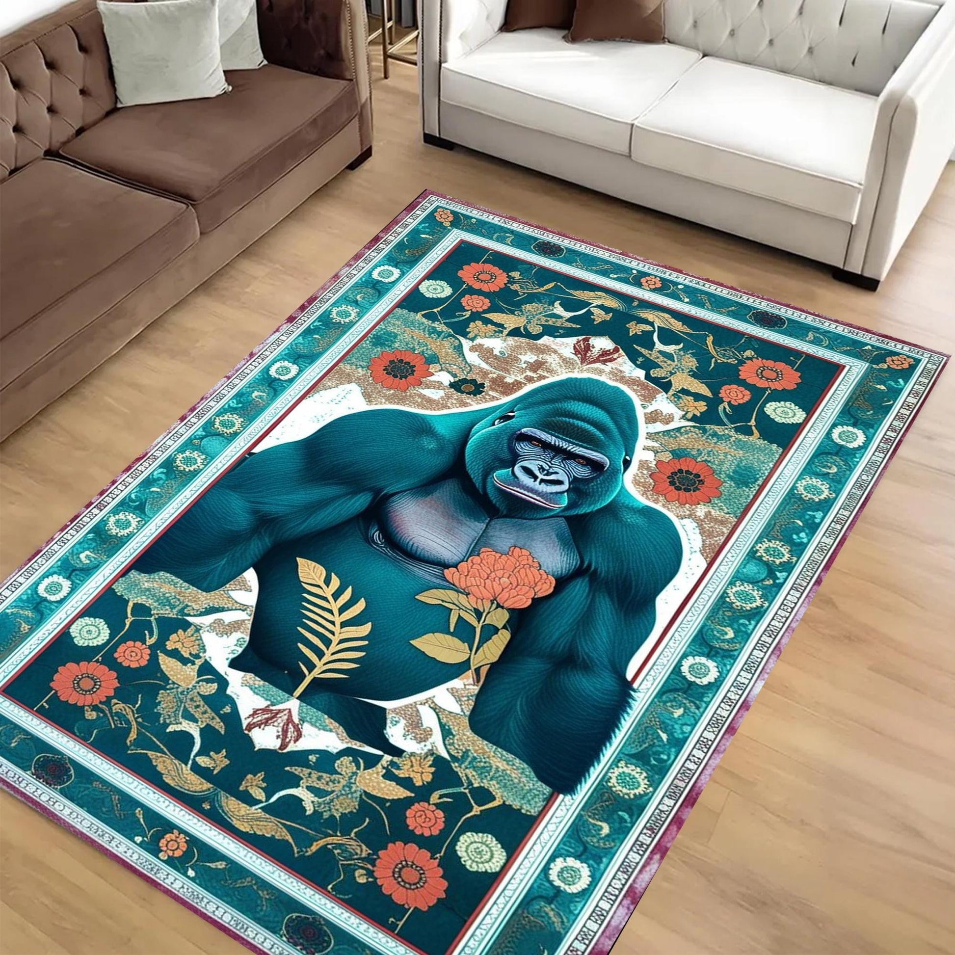 Gorilla Rug for Kids Room - Jungle Animal Decor, Washable Non-Slip Floor Mat, Tropical Green Floral Rug for Playroom, Chenille Washable Rug