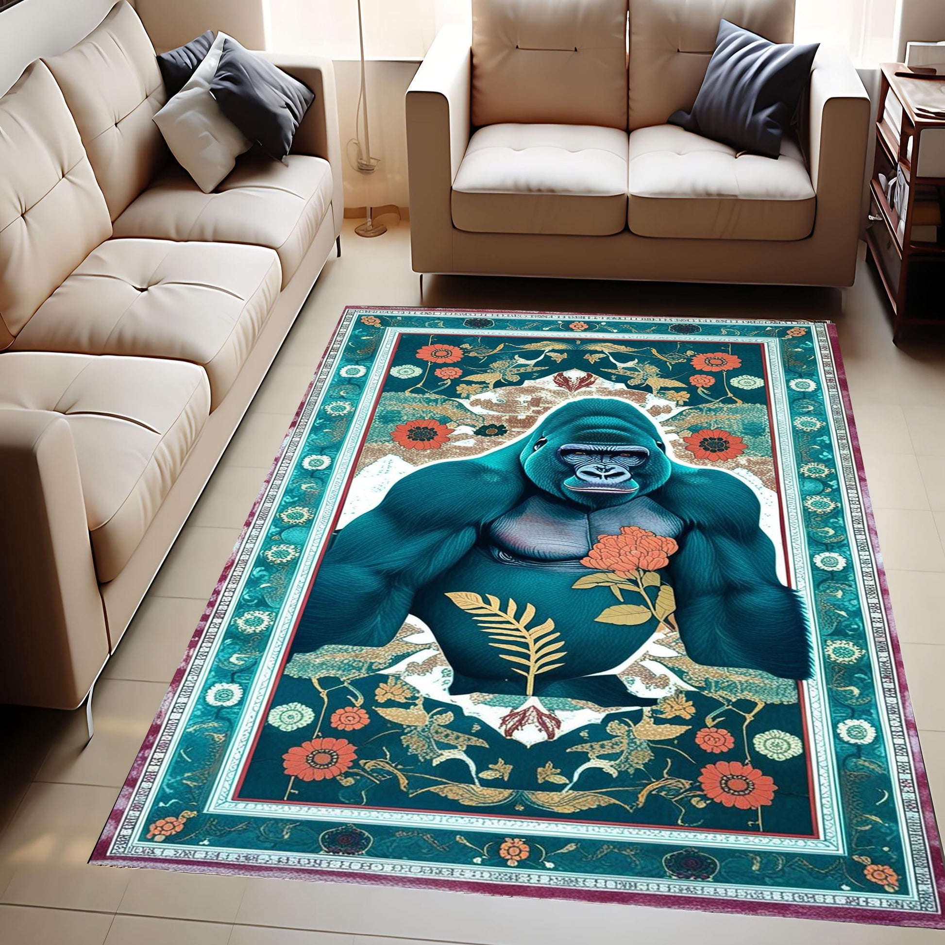 Gorilla Rug for Kids Room - Jungle Animal Decor, Washable Non-Slip Floor Mat, Tropical Green Floral Rug for Playroom, Chenille Washable Rug