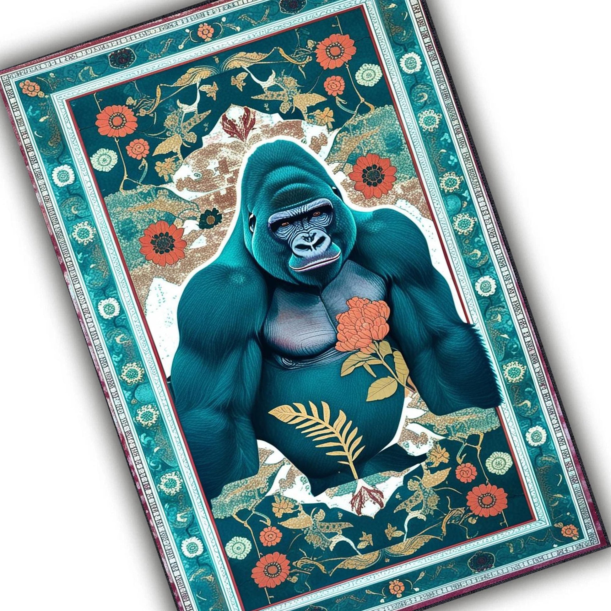 Gorilla Rug for Kids Room - Jungle Animal Decor, Washable Non-Slip Floor Mat, Tropical Green Floral Rug for Playroom, Chenille Washable Rug