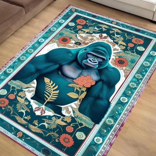 Gorilla Rug for Kids Room - Jungle Animal Decor, Washable Non-Slip Floor Mat, Tropical Green Floral Rug for Playroom, Chenille Washable Rug