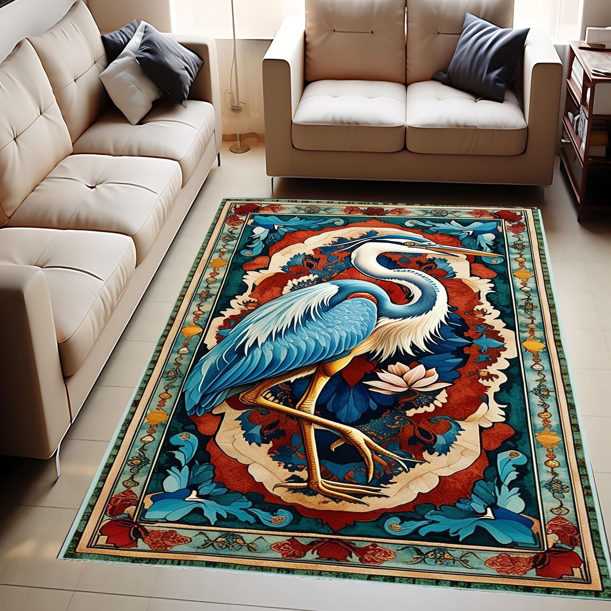 Pelican Area Rug, Vintage Coastal Nautical Beach Cottagecore Marine Decor, Rustic Kitchen Accent Carpet, Chenille Washable Rug