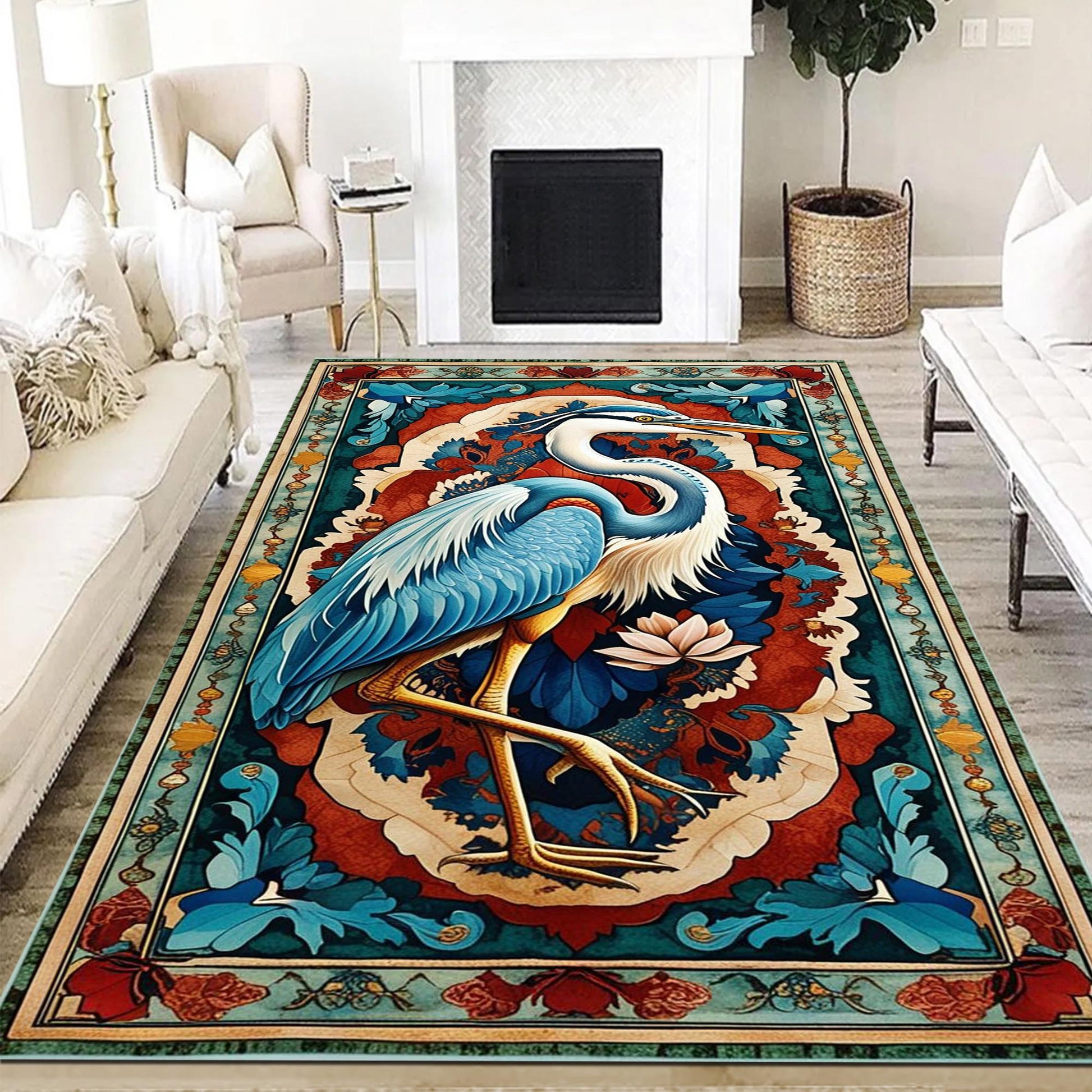 Pelican Area Rug, Vintage Coastal Nautical Beach Cottagecore Marine Decor, Rustic Kitchen Accent Carpet, Chenille Washable Rug