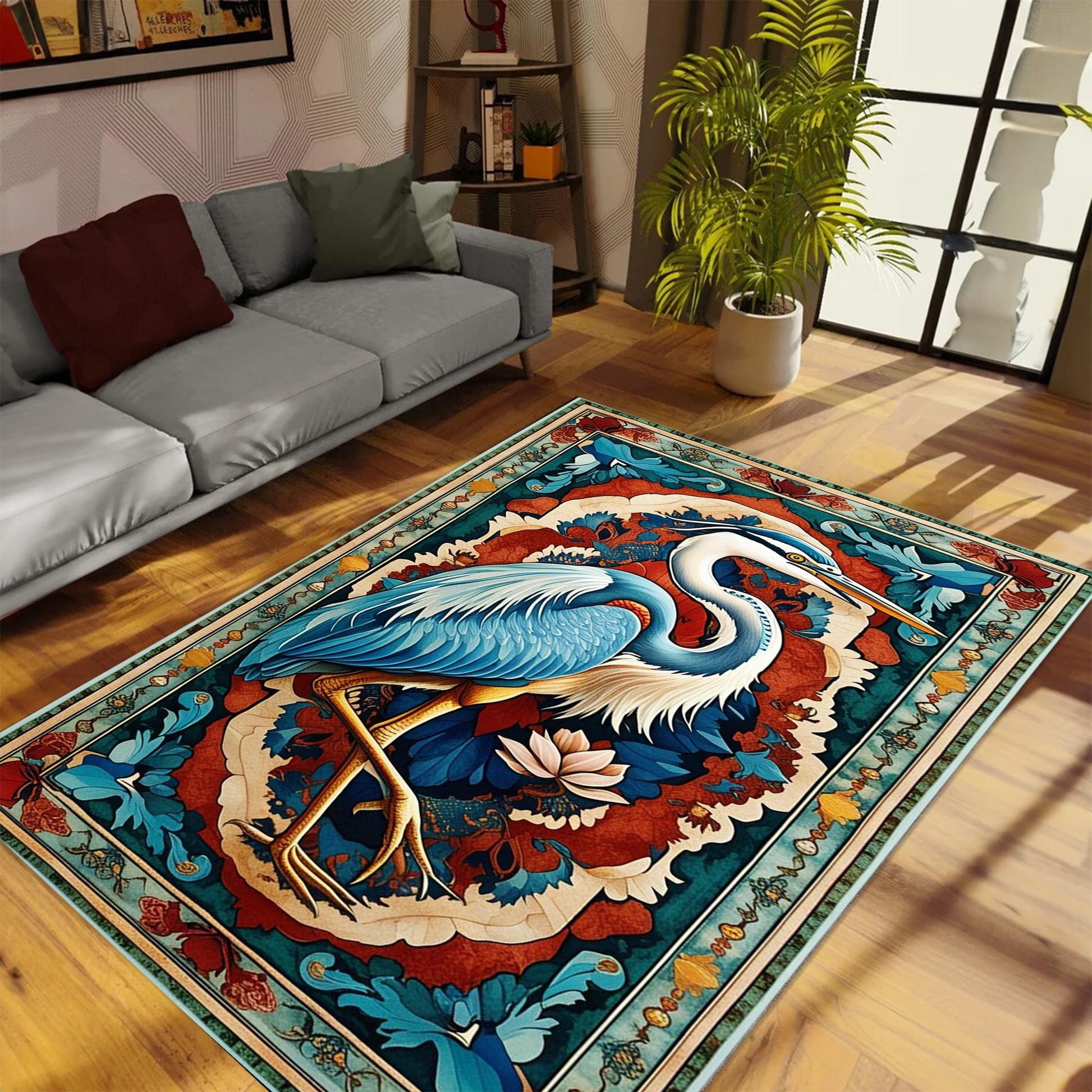 Pelican Area Rug, Vintage Coastal Nautical Beach Cottagecore Marine Decor, Rustic Kitchen Accent Carpet, Chenille Washable Rug