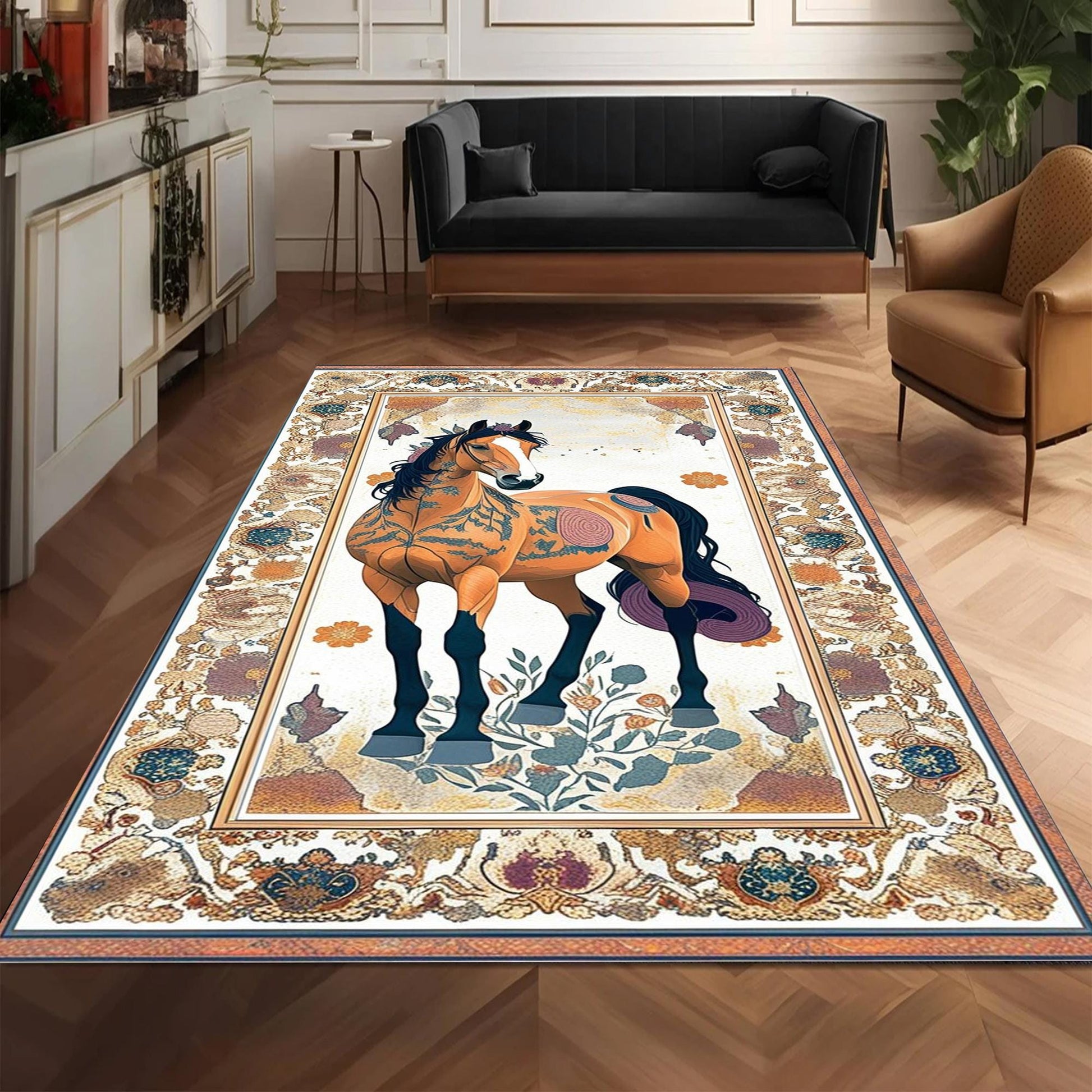 Horse Rug for Living Room, Traditional Oriental Wild Horse Area Rug, Farmhouse Style Horse Rug, Animal Print Carpet, Chenille Washable Rug