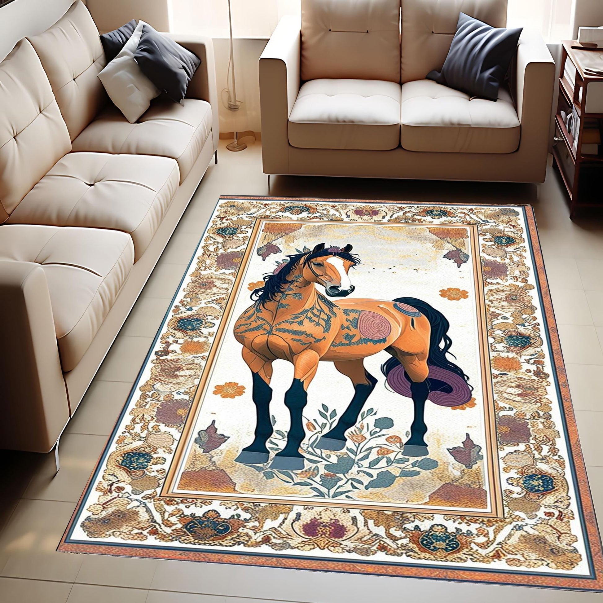 Horse Rug for Living Room, Traditional Oriental Wild Horse Area Rug, Farmhouse Style Horse Rug, Animal Print Carpet, Chenille Washable Rug