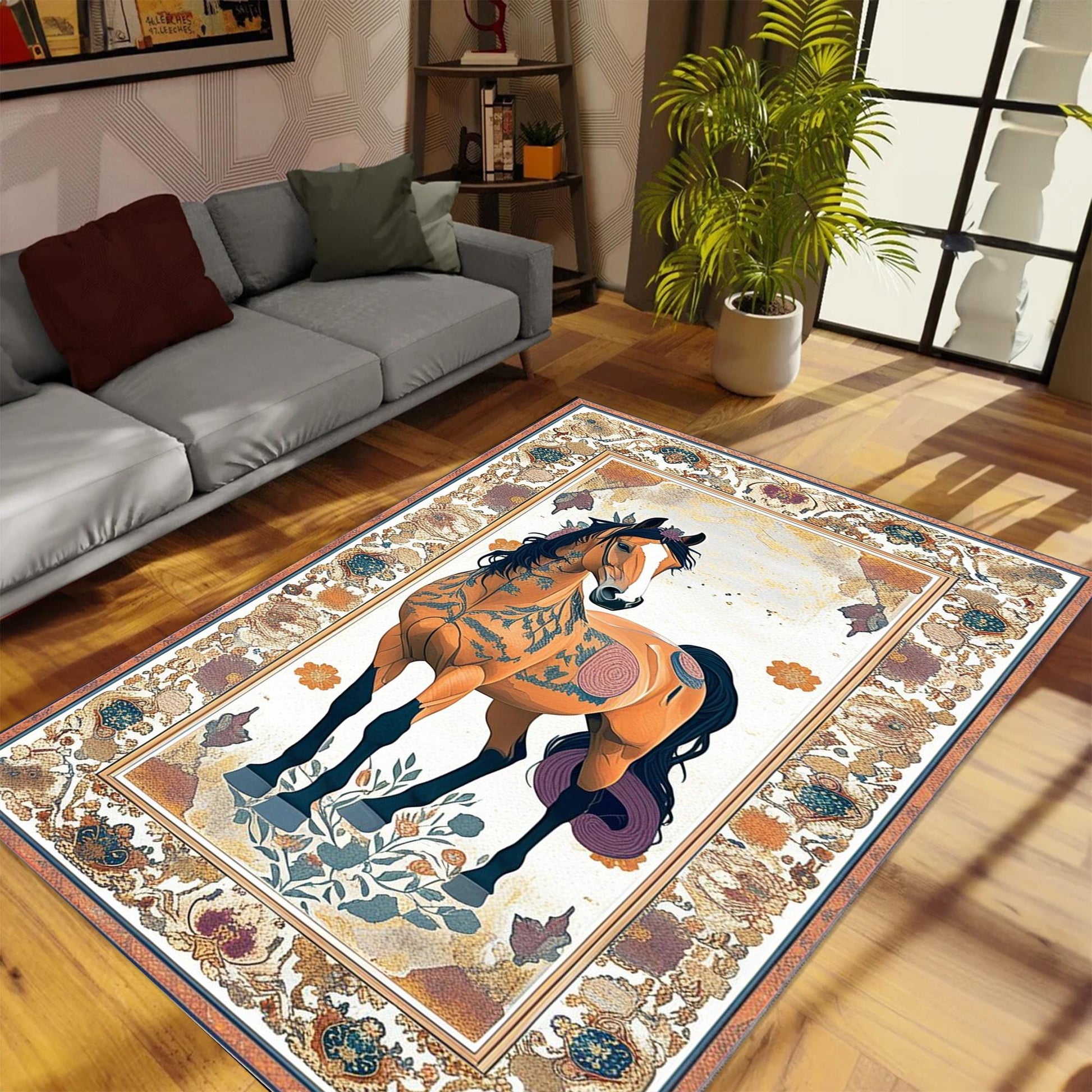 Horse Rug for Living Room, Traditional Oriental Wild Horse Area Rug, Farmhouse Style Horse Rug, Animal Print Carpet, Chenille Washable Rug
