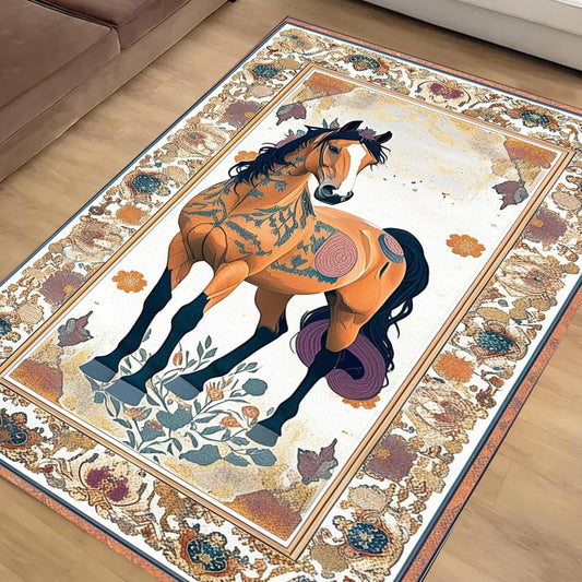Horse Rug for Living Room, Traditional Oriental Wild Horse Area Rug, Farmhouse Style Horse Rug, Animal Print Carpet, Chenille Washable Rug