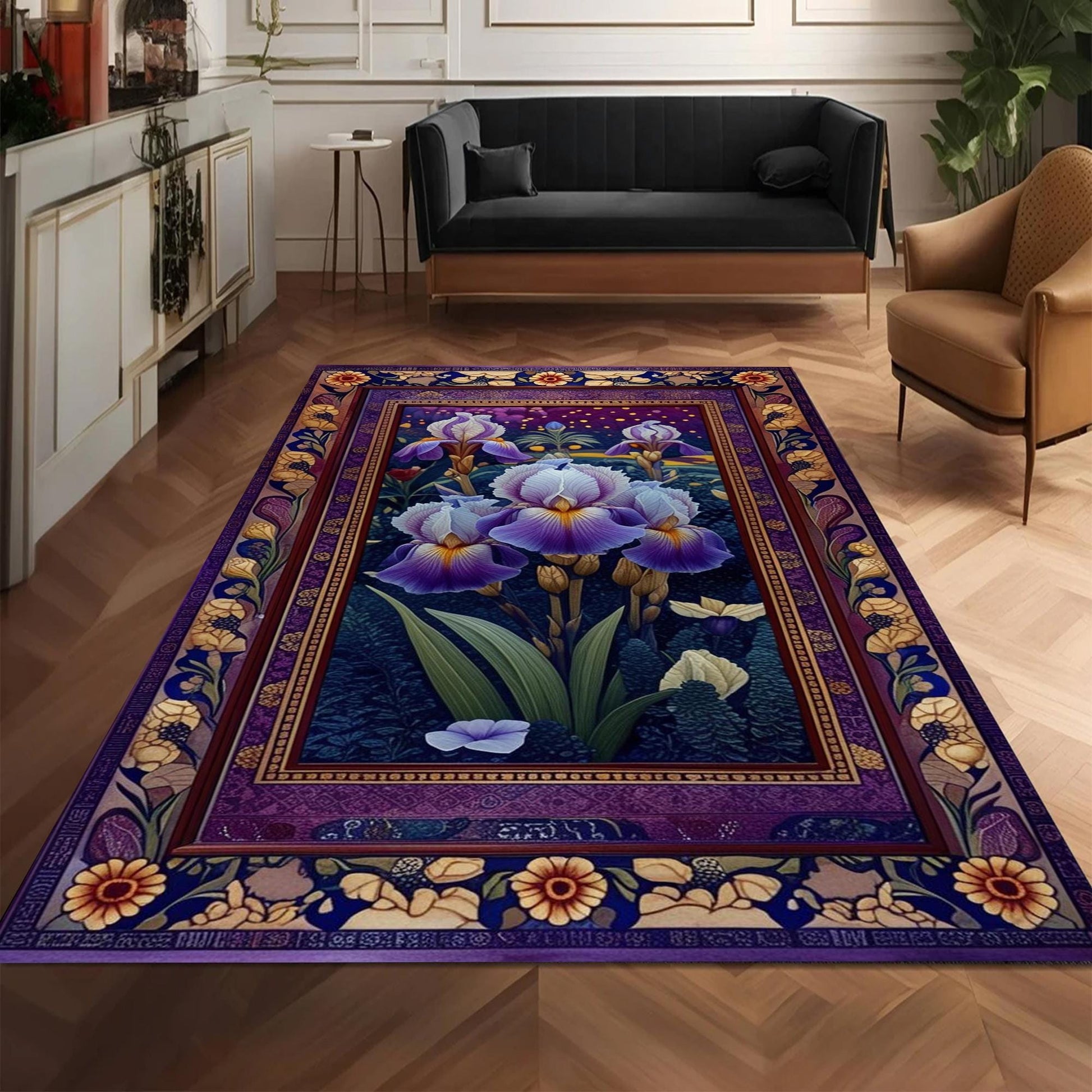 Purple Iris Rug for Maximalist Decor, Nature Lovers, Floral Botanical Area Rug, Summer Flowers, Dark Purple Foliage, Chenille Washable Rug