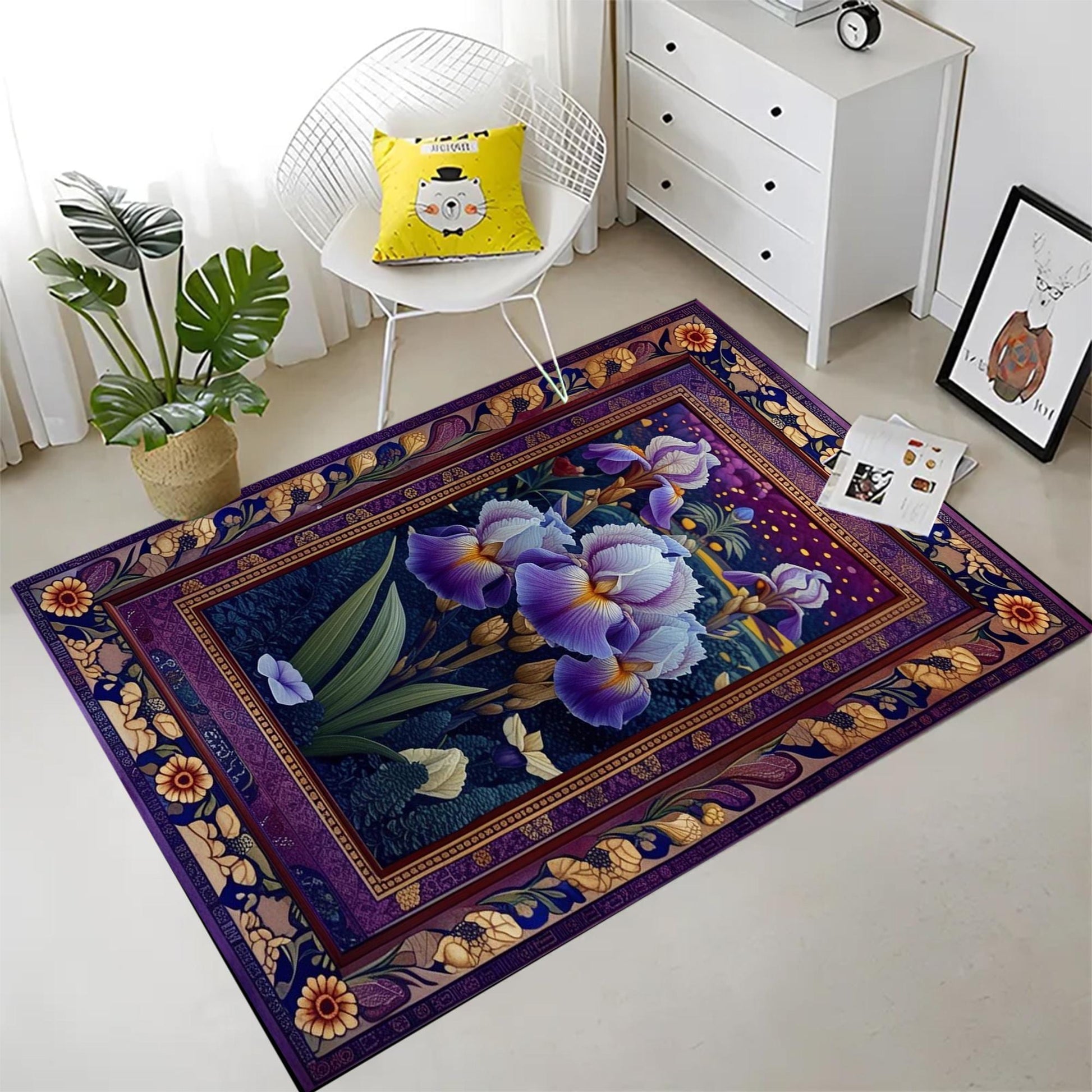 Purple Iris Rug for Maximalist Decor, Nature Lovers, Floral Botanical Area Rug, Summer Flowers, Dark Purple Foliage, Chenille Washable Rug