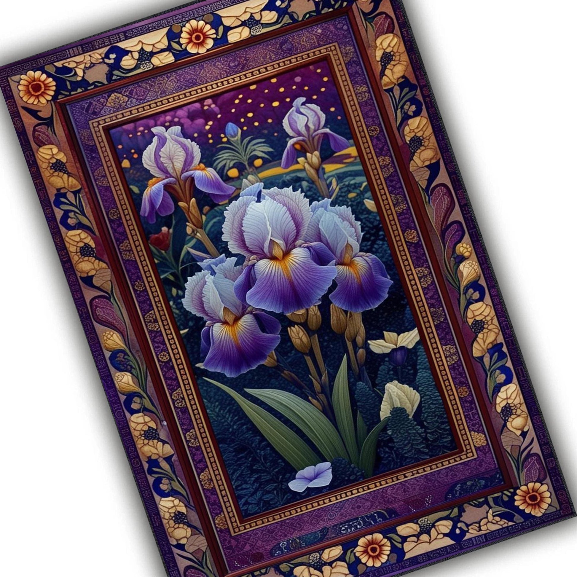 Purple Iris Rug for Maximalist Decor, Nature Lovers, Floral Botanical Area Rug, Summer Flowers, Dark Purple Foliage, Chenille Washable Rug