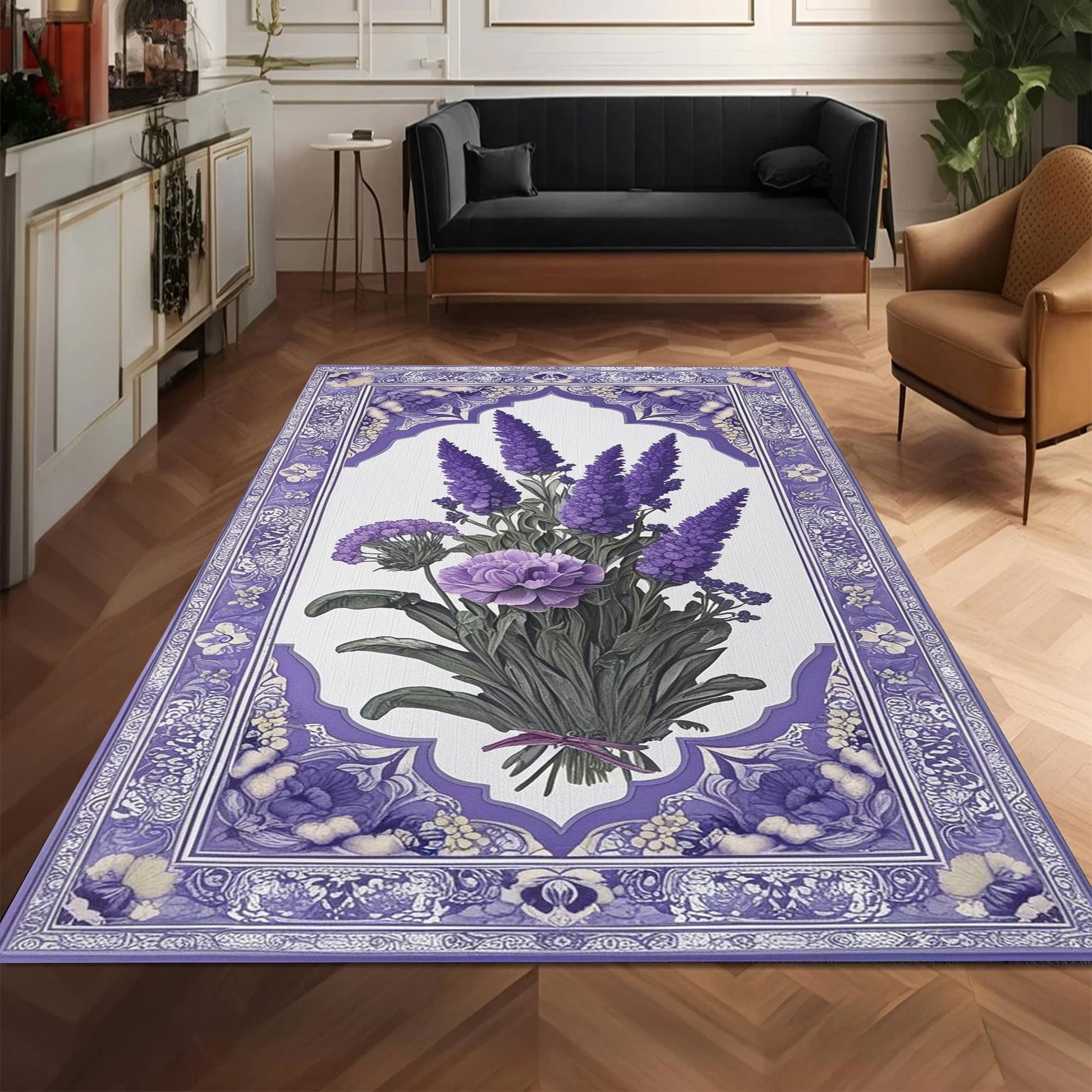 Vintage Lavender Rug, Floral Bedroom Carpet, Purple Lilac Flower Rug, Botanic Area Rug Flower Rug Kitchen Living Room, Chenille Washable Rug