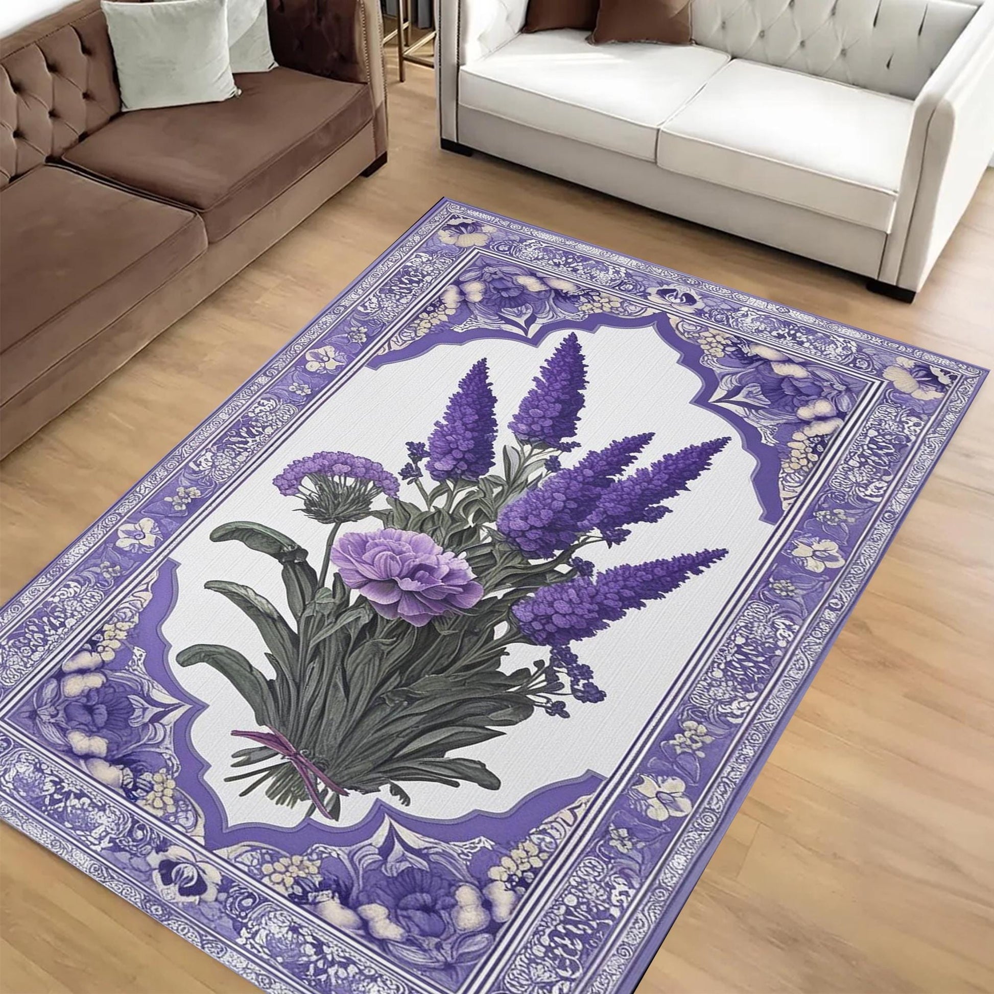 Vintage Lavender Rug, Floral Bedroom Carpet, Purple Lilac Flower Rug, Botanic Area Rug Flower Rug Kitchen Living Room, Chenille Washable Rug