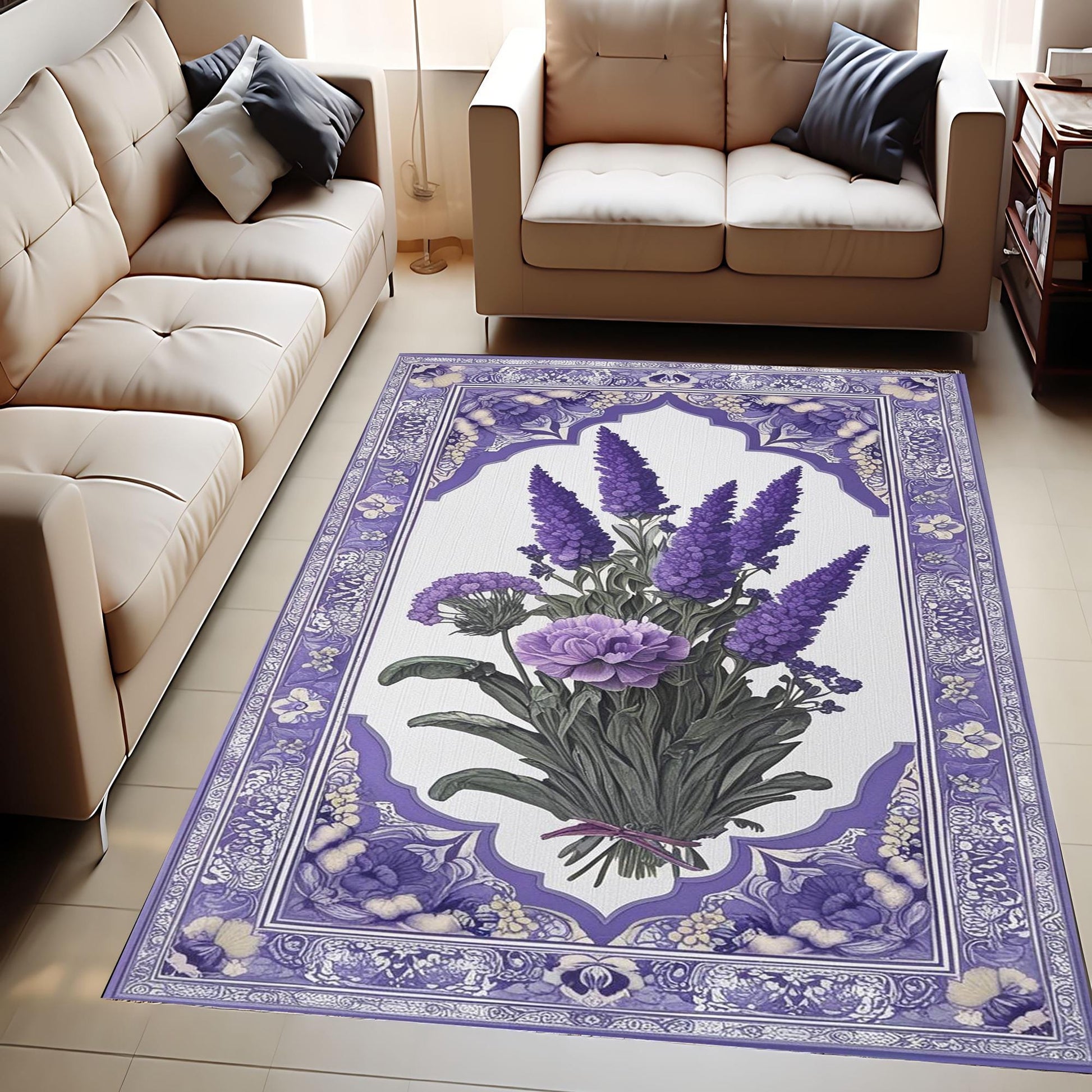Vintage Lavender Rug, Floral Bedroom Carpet, Purple Lilac Flower Rug, Botanic Area Rug Flower Rug Kitchen Living Room, Chenille Washable Rug
