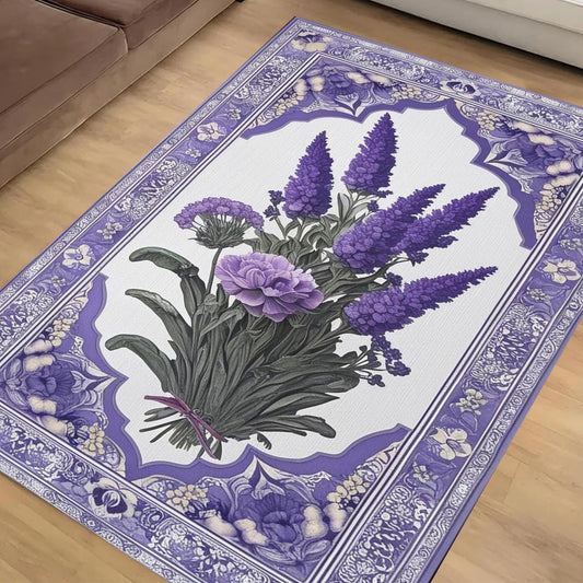 Vintage Lavender Rug, Floral Bedroom Carpet, Purple Lilac Flower Rug, Botanic Area Rug Flower Rug Kitchen Living Room, Chenille Washable Rug