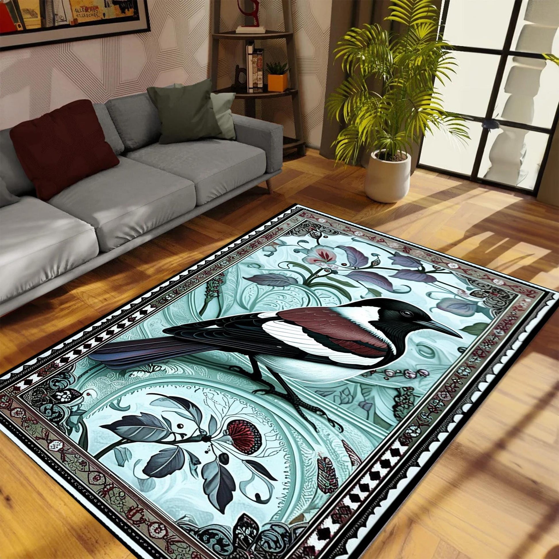 Magpie Rug with Rose Floral Design, Washable Cottagecore Decorative Carpet, Unique Nature & Bird Accent, Chenille Washable Rug